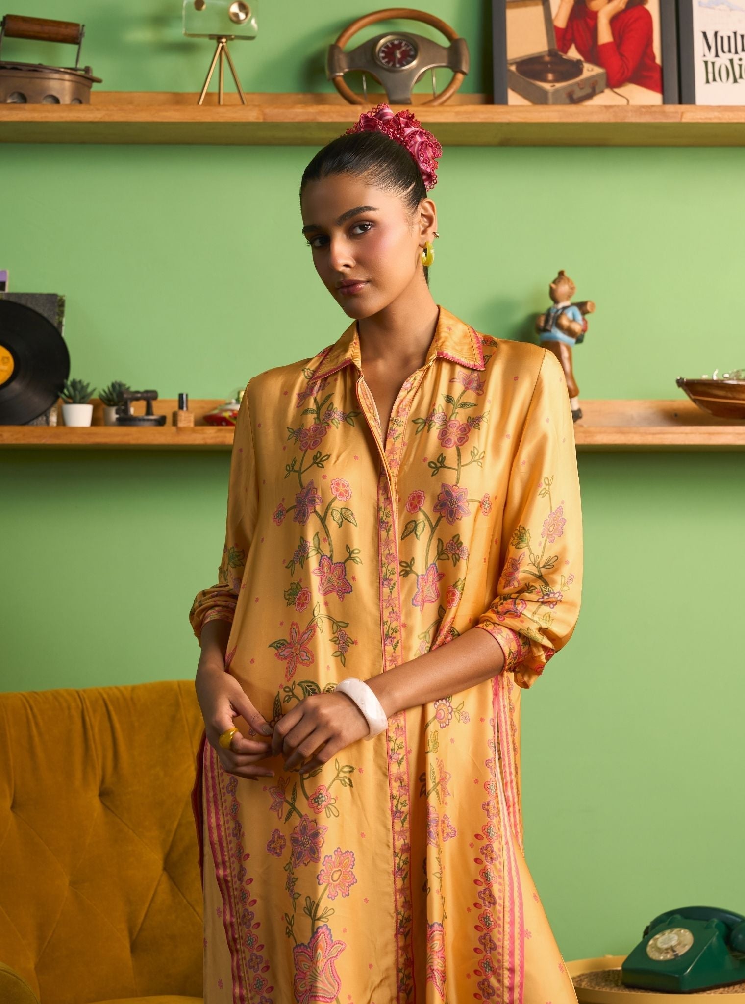 Mrina Cupro Satin Mustard Shirt Set