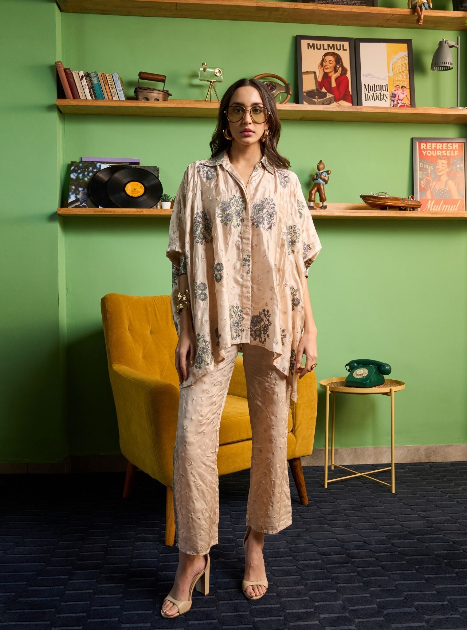 Siyaahi Cupro Satin Champagne Printed Shirt Set