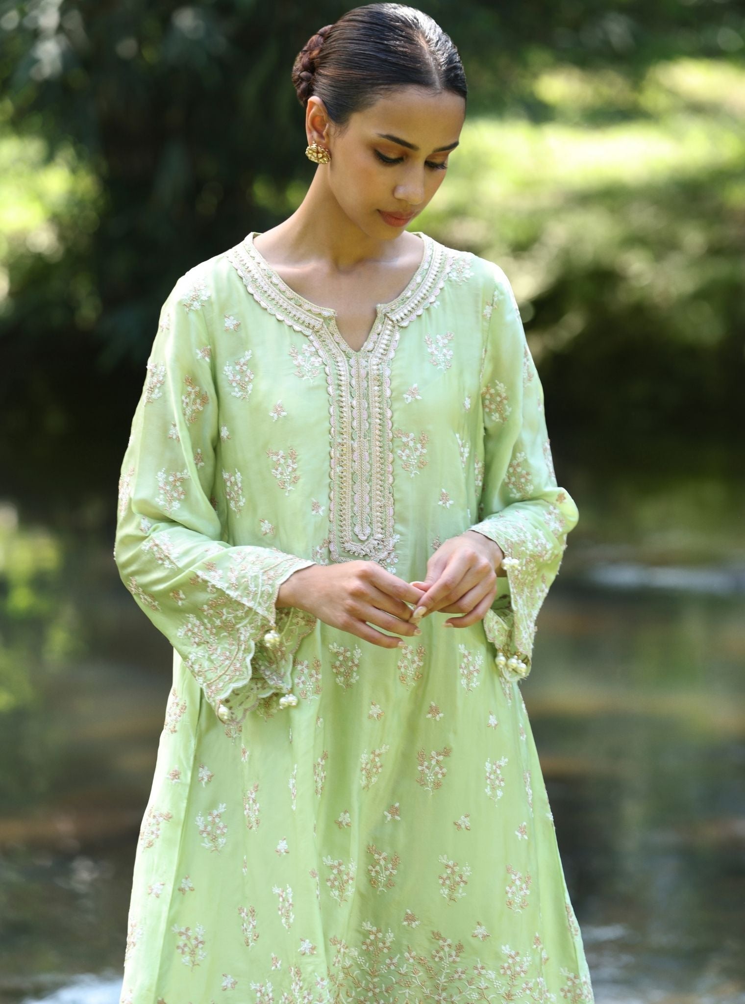 Mangalam Cupro Satin Green Kurta Set