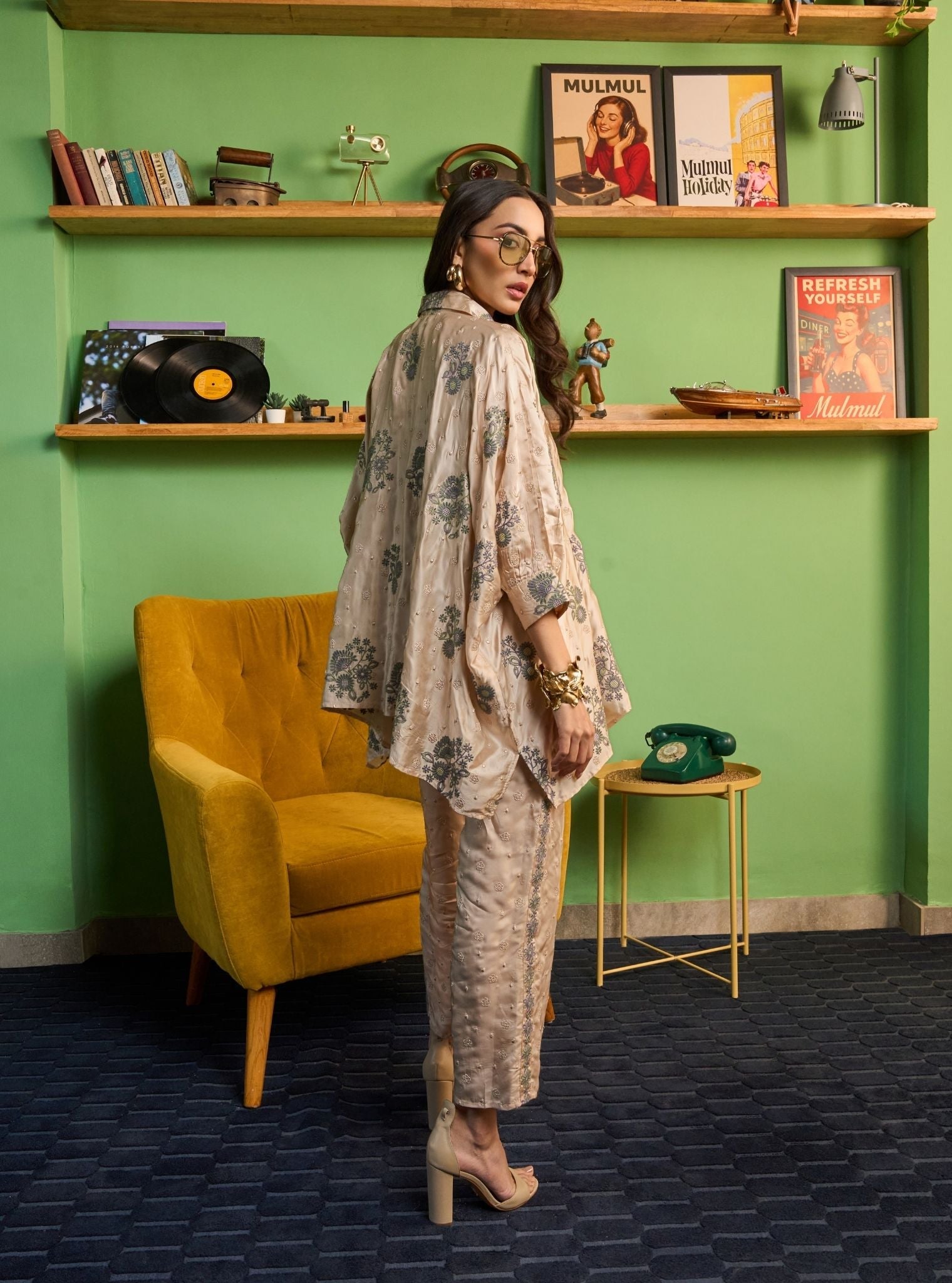 Siyaahi Cupro Satin Champagne Printed Shirt Set