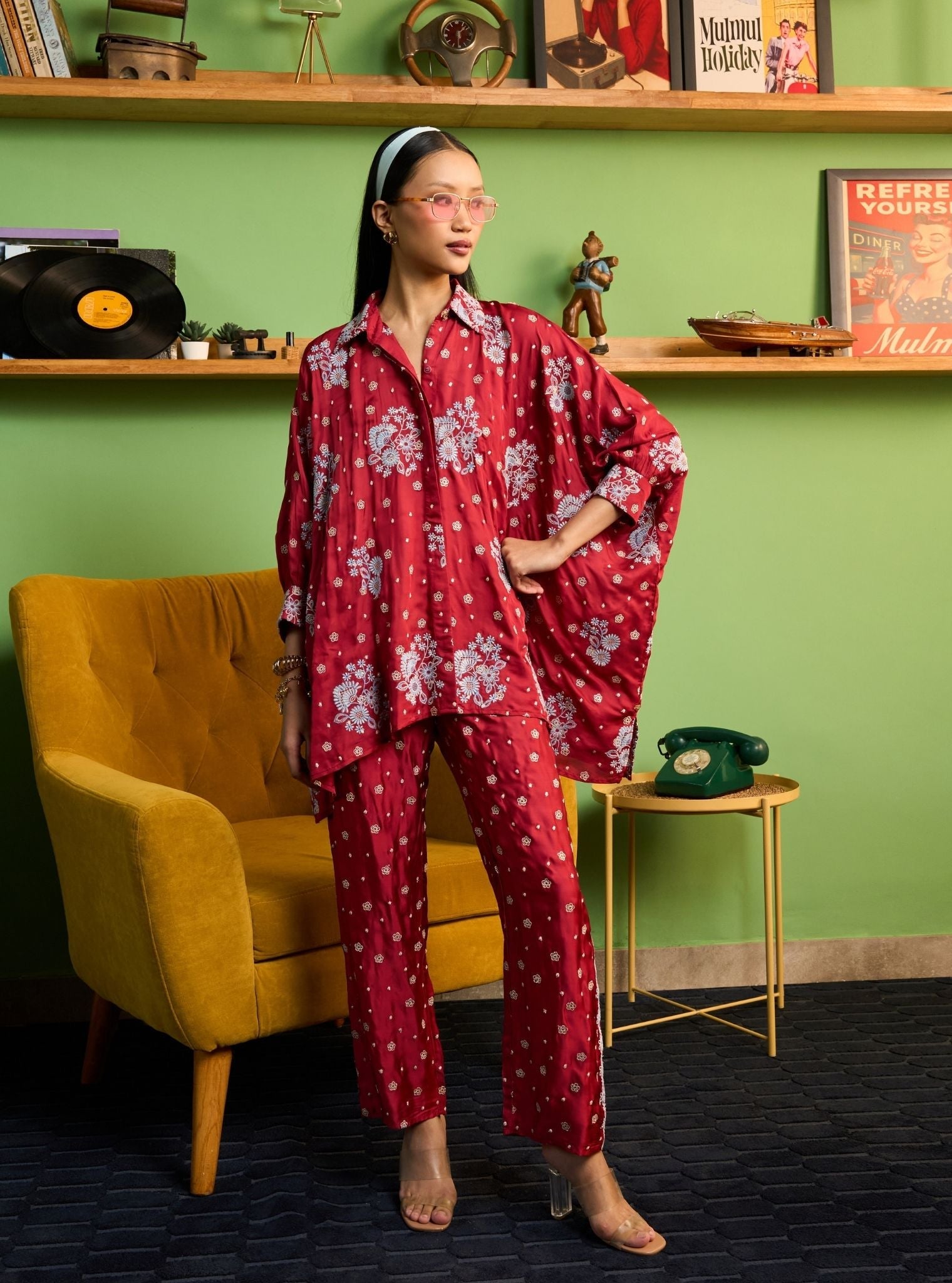 Siyaahi Cupro Satin Red Printed Shirt Set