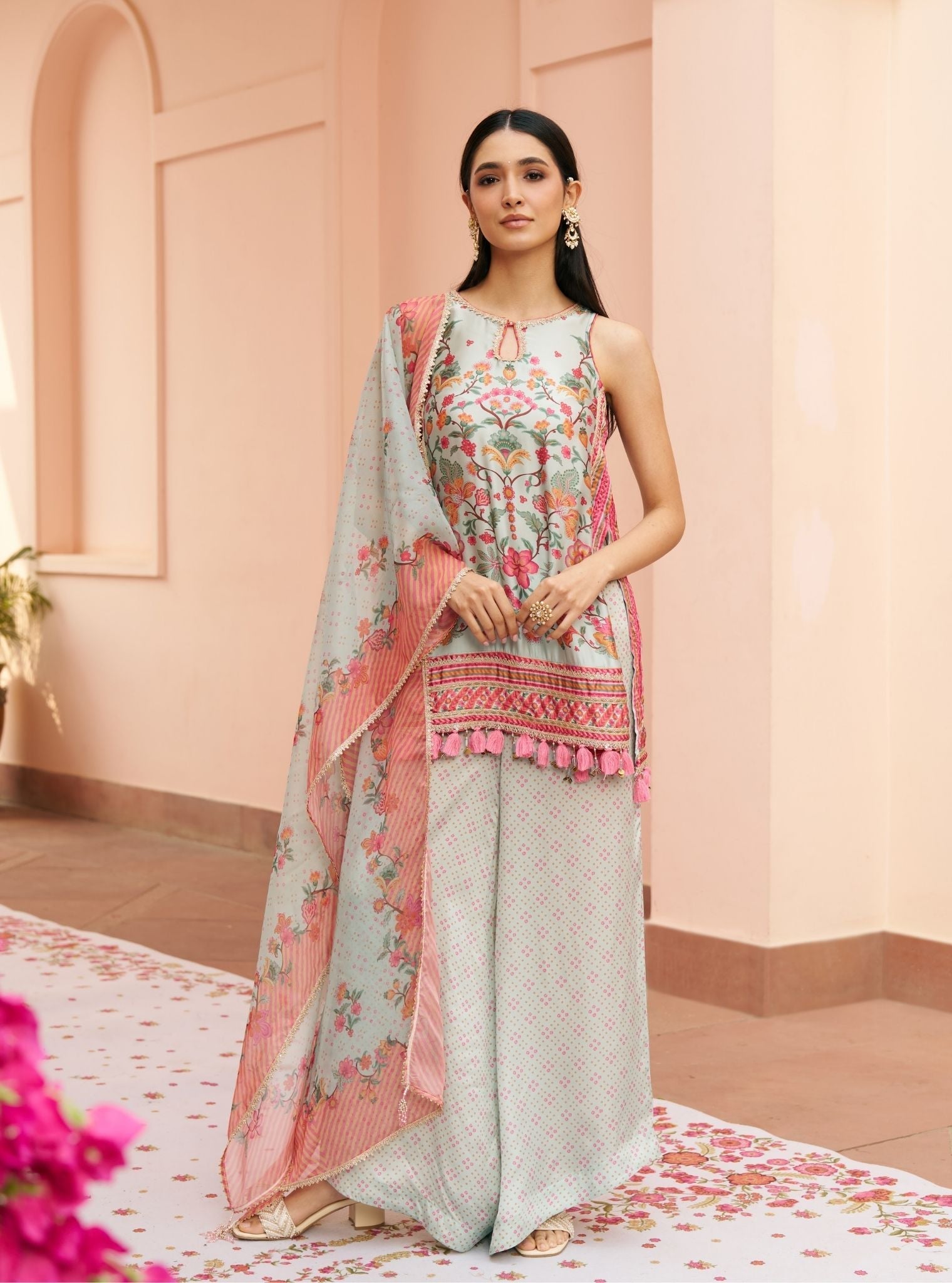 Taali Cpro Satin Printed Teal Blue Kurta Set