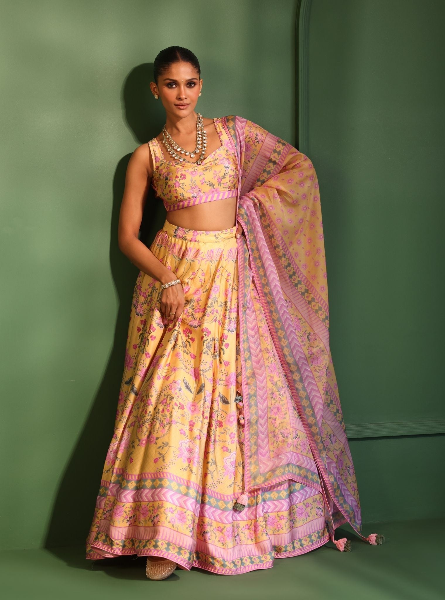Mulmul Cupro Satin Printed Jhanak Yellow Lehenga