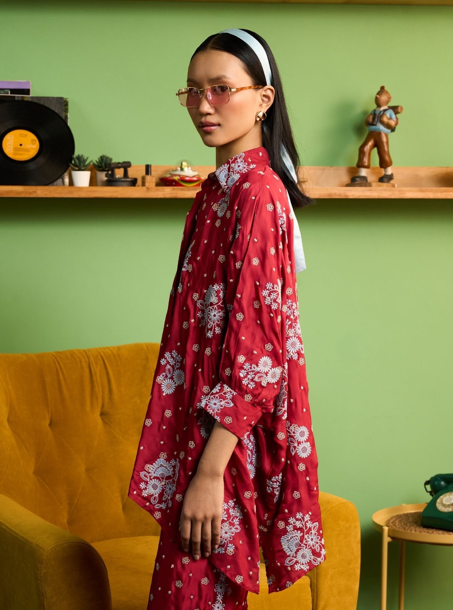 Siyaahi Cupro Satin Red Printed Shirt Set