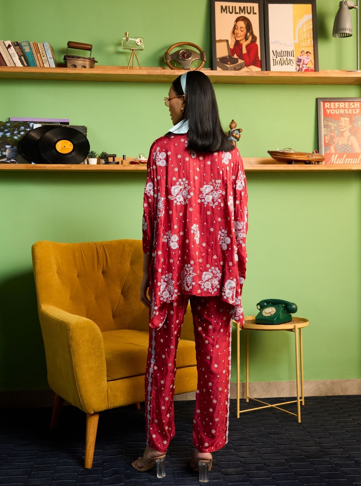 Siyaahi Cupro Satin Red Printed Shirt Set