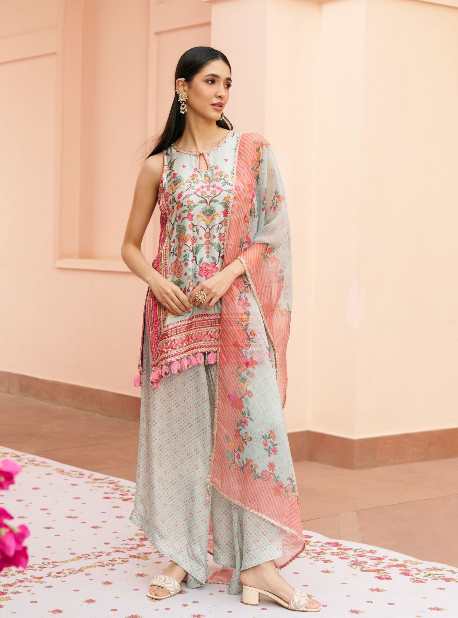 Taali Cpro Satin Printed Teal Blue Kurta Set