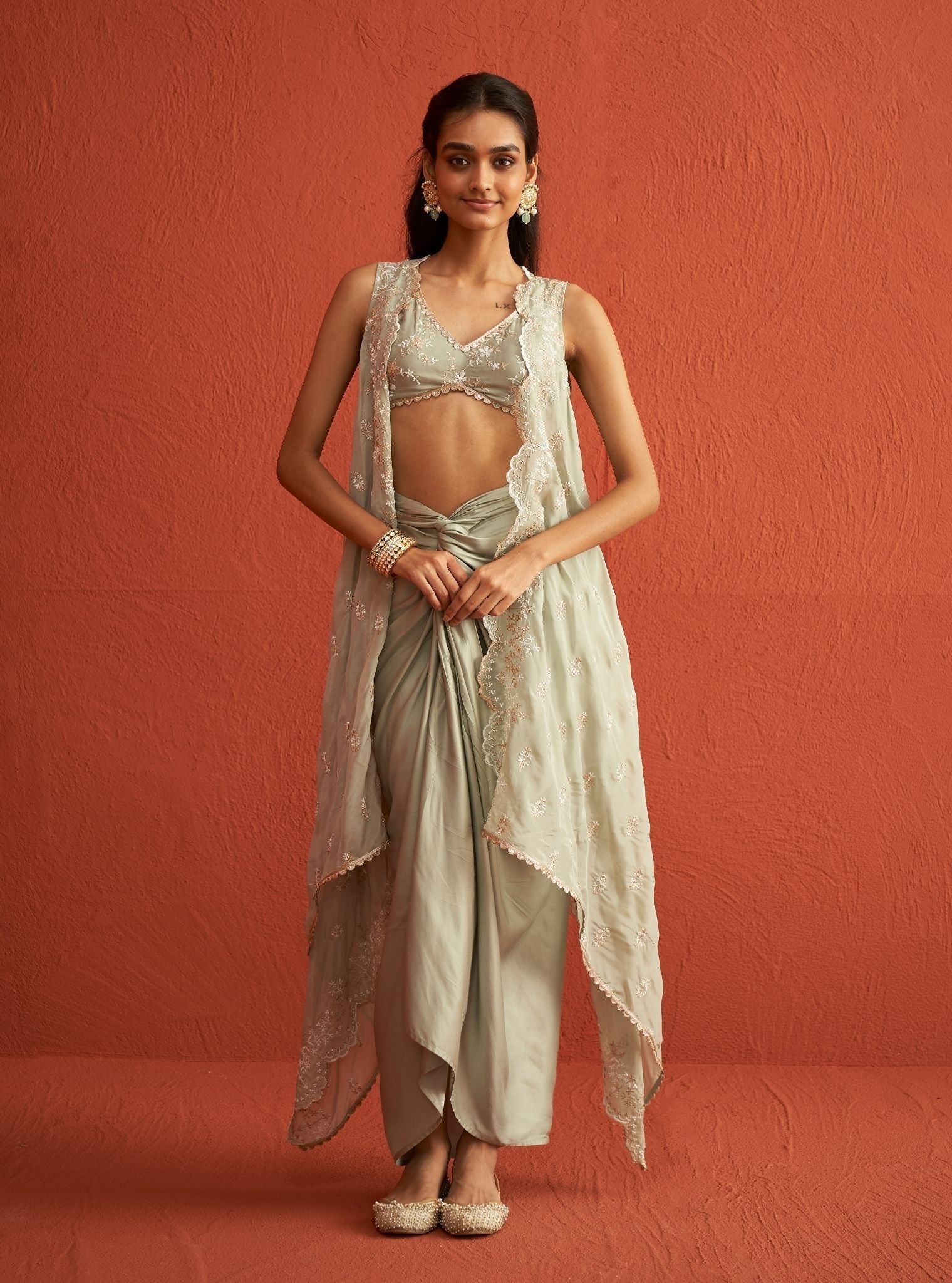 Saanware HO Silk Sage Green Long Shrug With Skirt