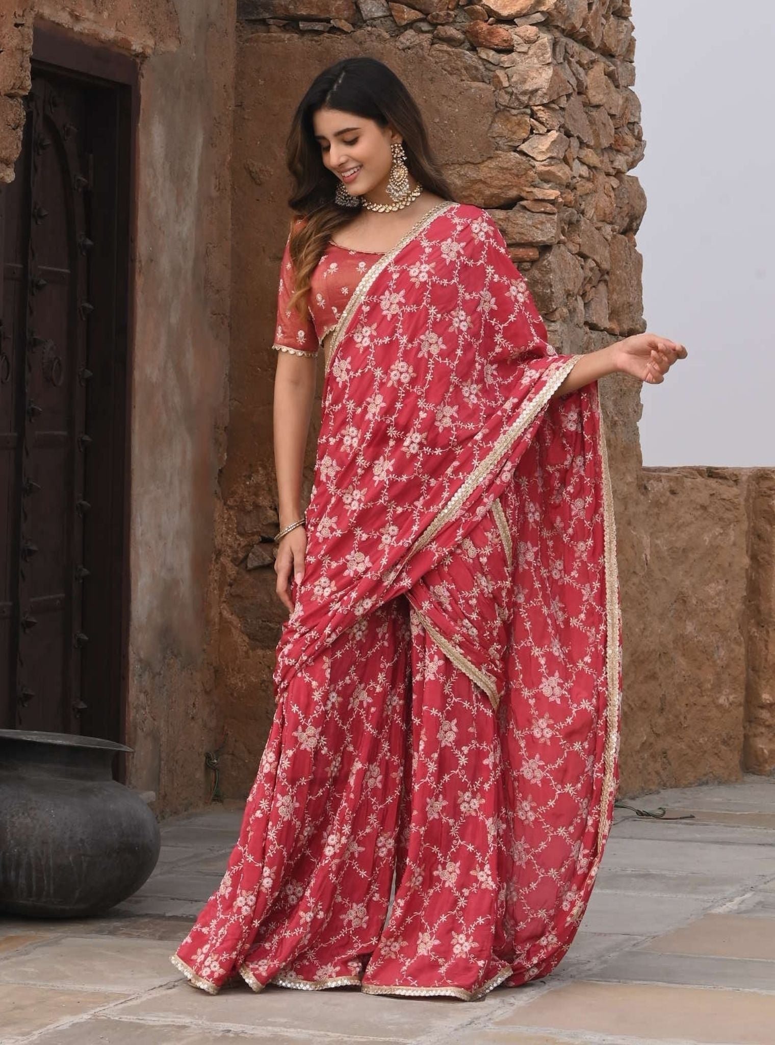 Raahi Crepe Red Pre-Stitched Saree