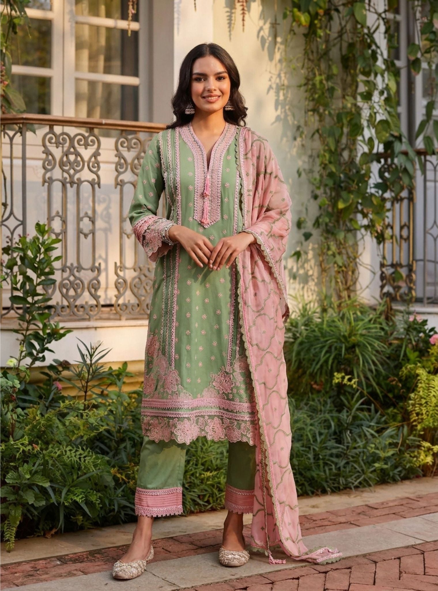 Pira Pima Satin Parrot Green Kurta Set