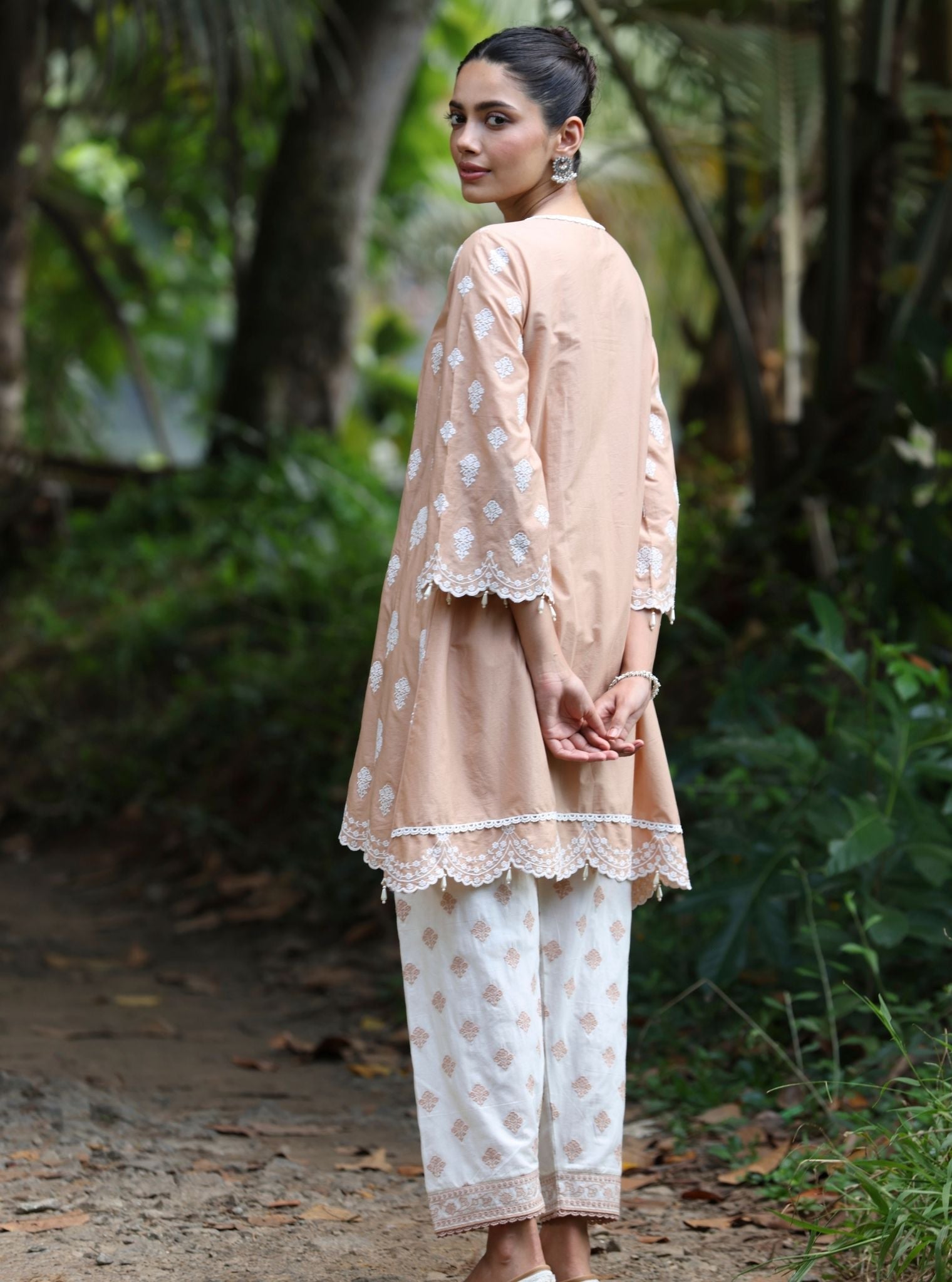 Mulmul Cotton Abana Caramel Brown Kurta With Mulmul Cotton Abana White + Caramel Brown Salwar