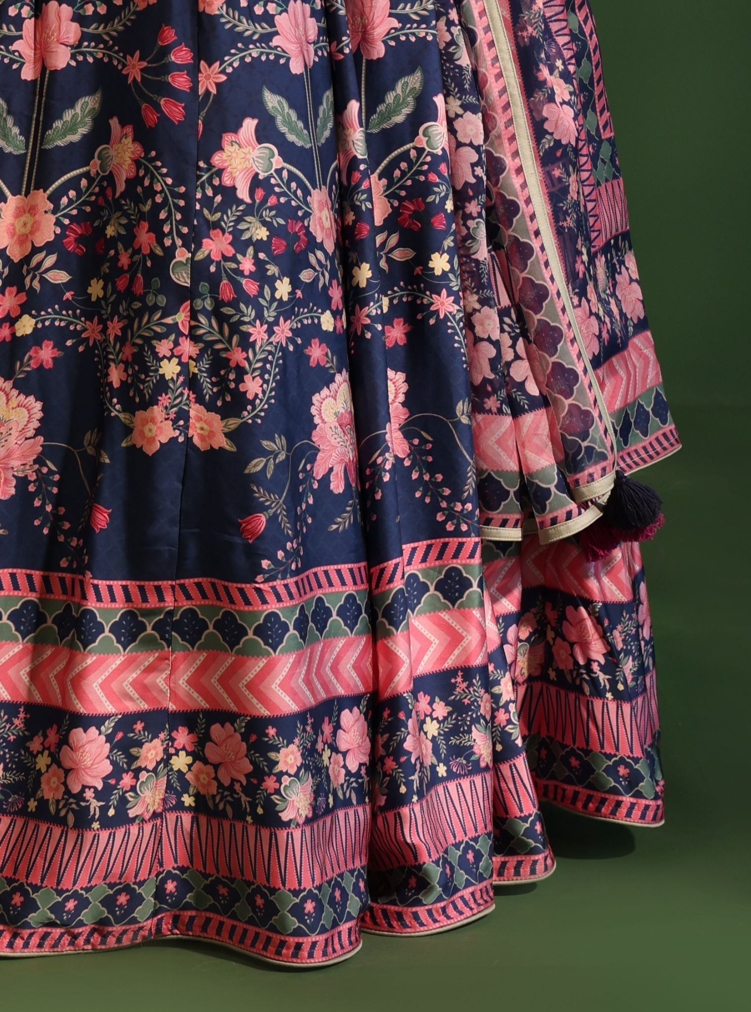 Mulmul Cupro Satin Printed Jhanak Navy Lehenga