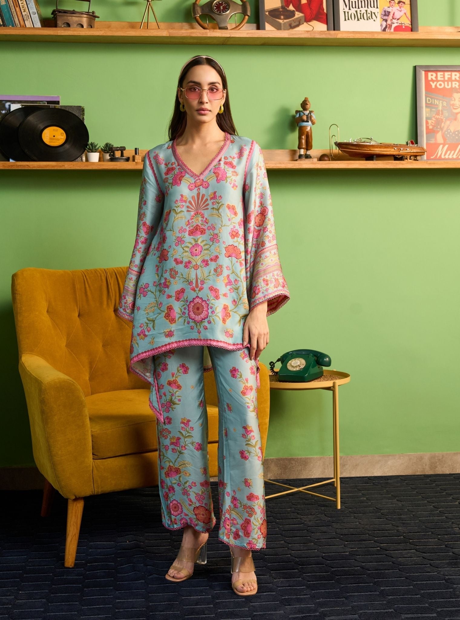 Ruhaana Cupro Satin Blue Co-ord Set