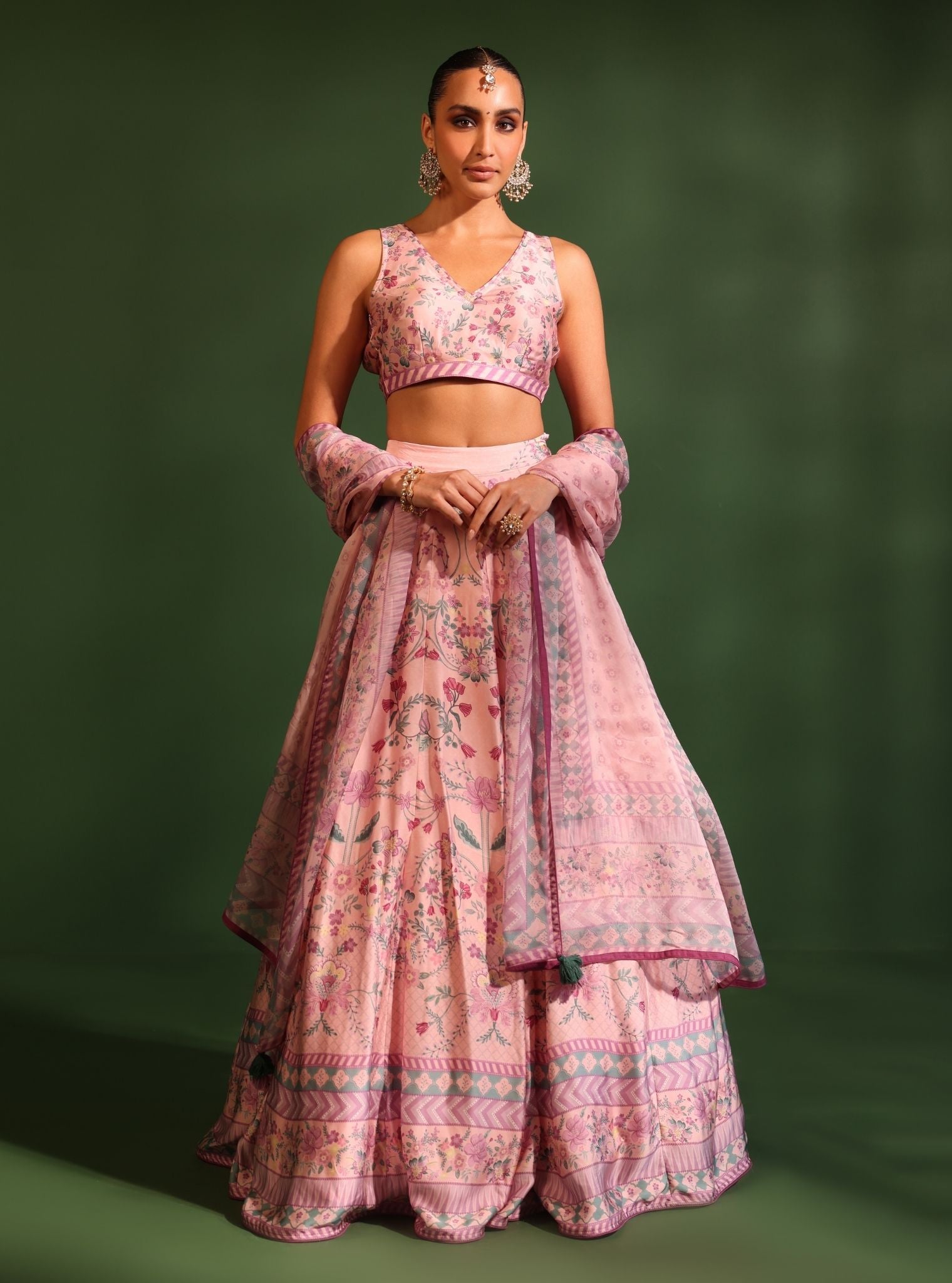 Mulmul Cupro Satin Printed Jhanak Pink Lehenga