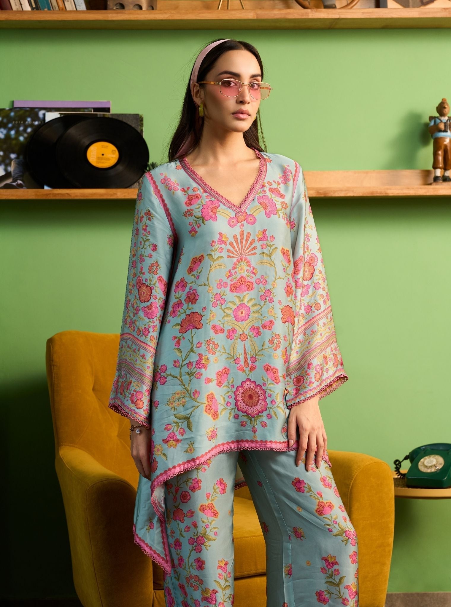 Ruhaana Cupro Satin Blue Co-ord Set