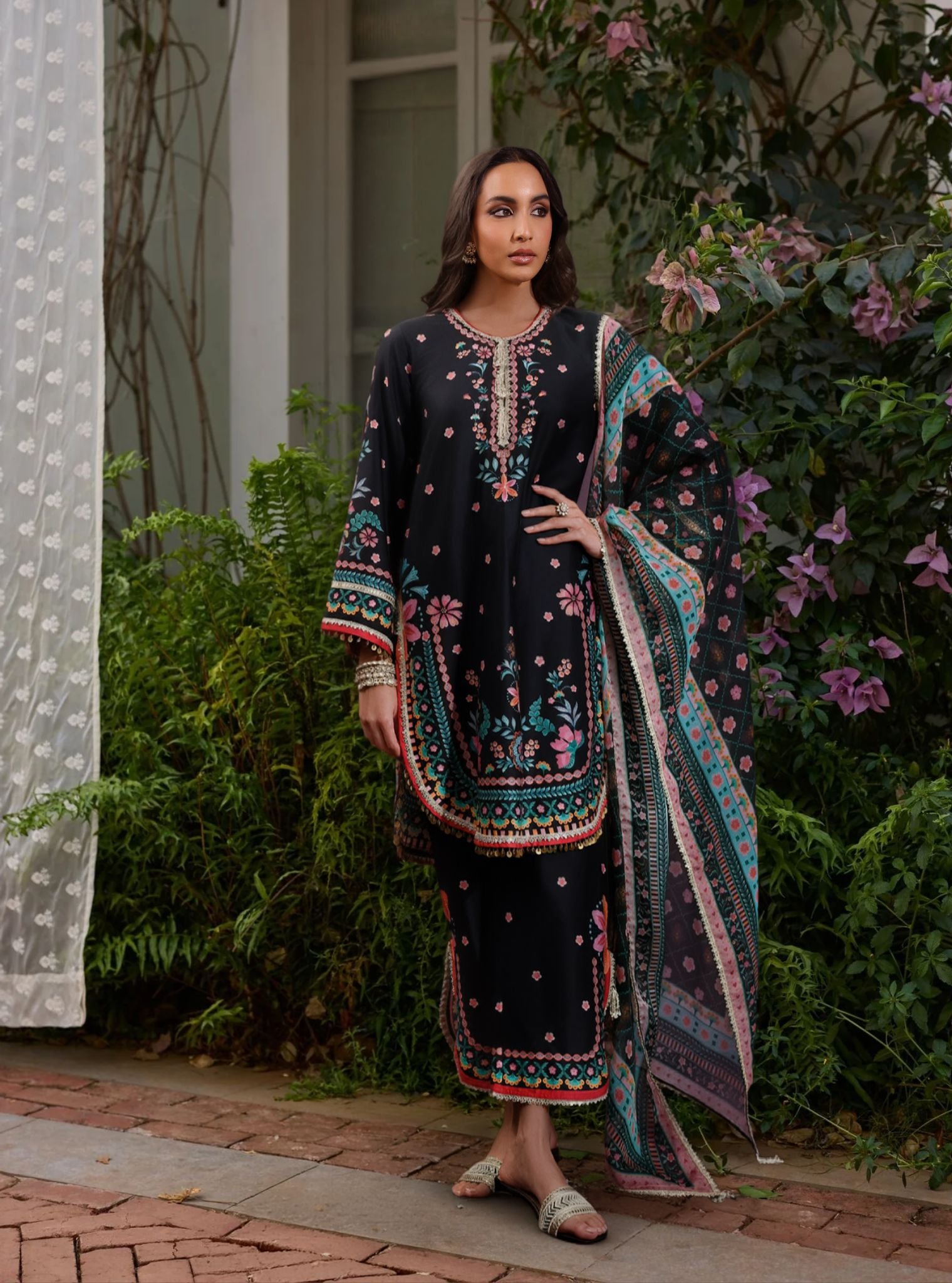 Omira Pima Satin Printed Black Kurta Set