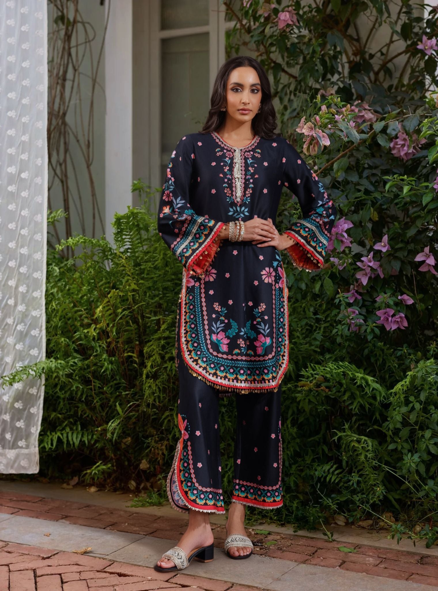 Omira Pima Satin Printed Black Kurta Set