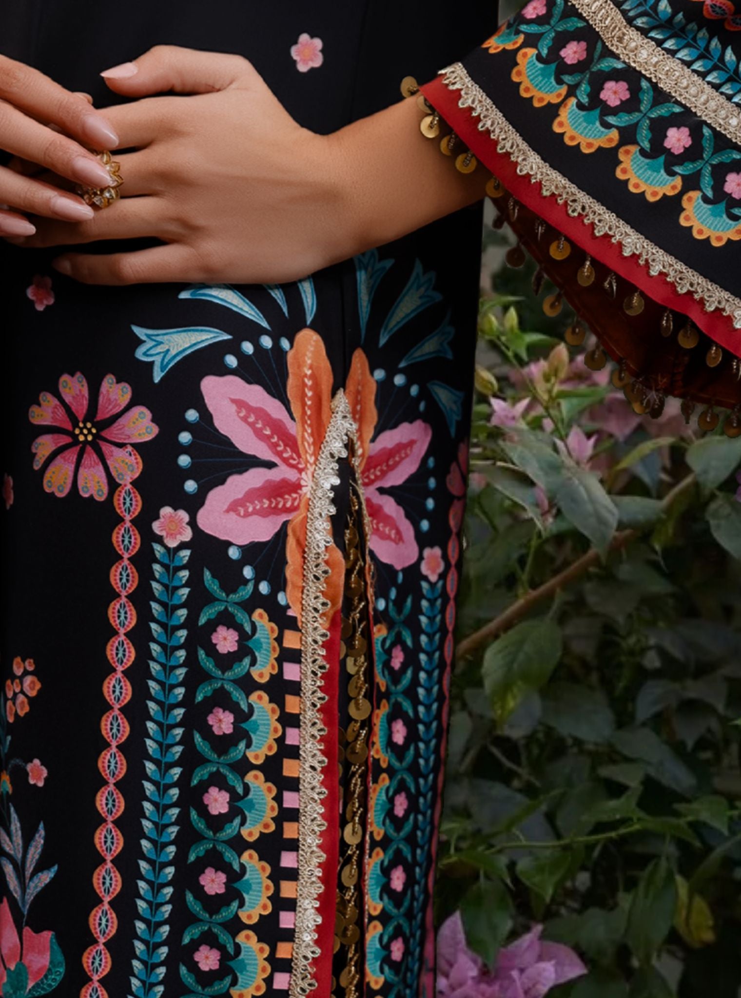 Omira Pima Satin Printed Black Kurta Set