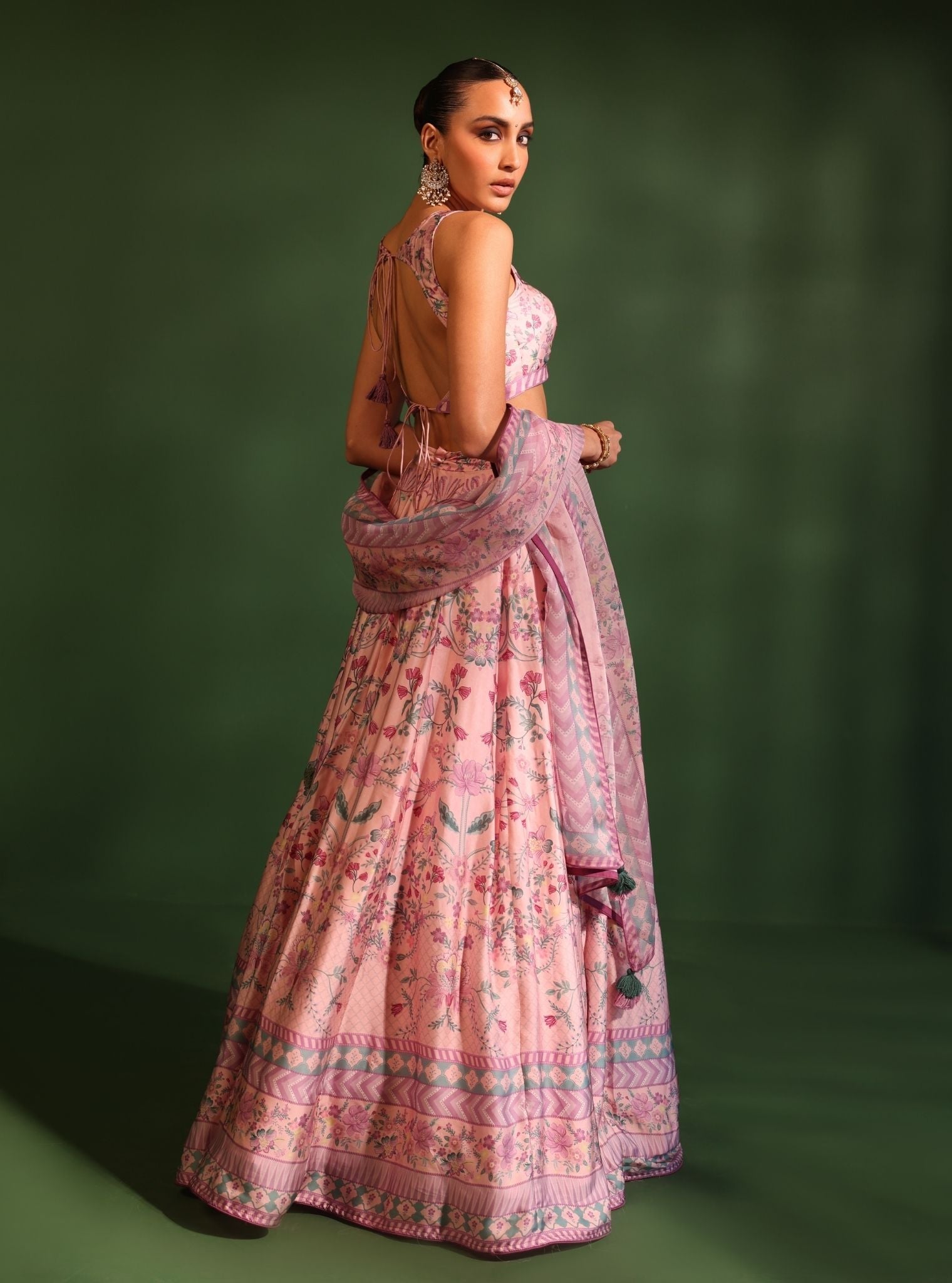 Mulmul Cupro Satin Printed Jhanak Pink Lehenga