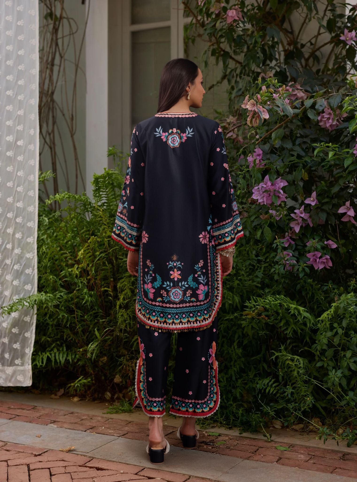 Omira Pima Satin Printed Black Kurta Set
