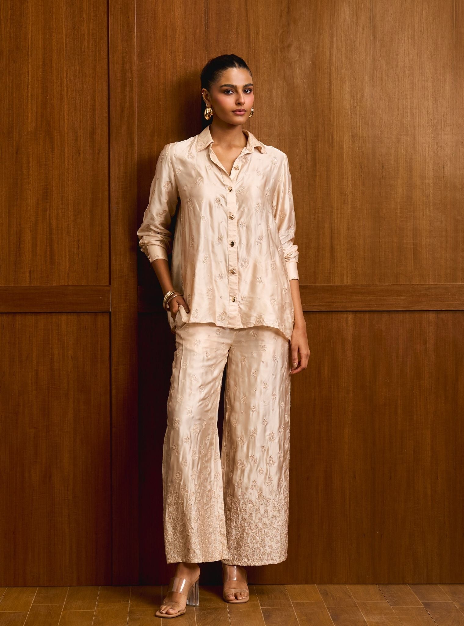 Santree Cupro Satin Champagne Shirt Set