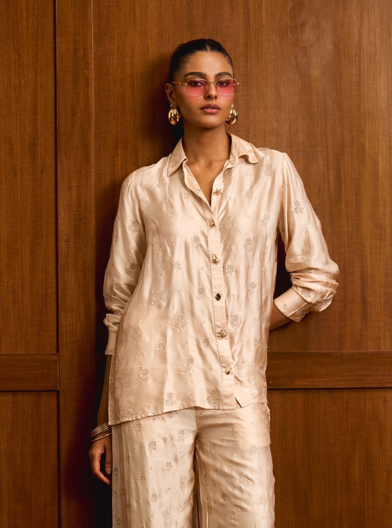 Santree Cupro Satin Champagne Shirt Set