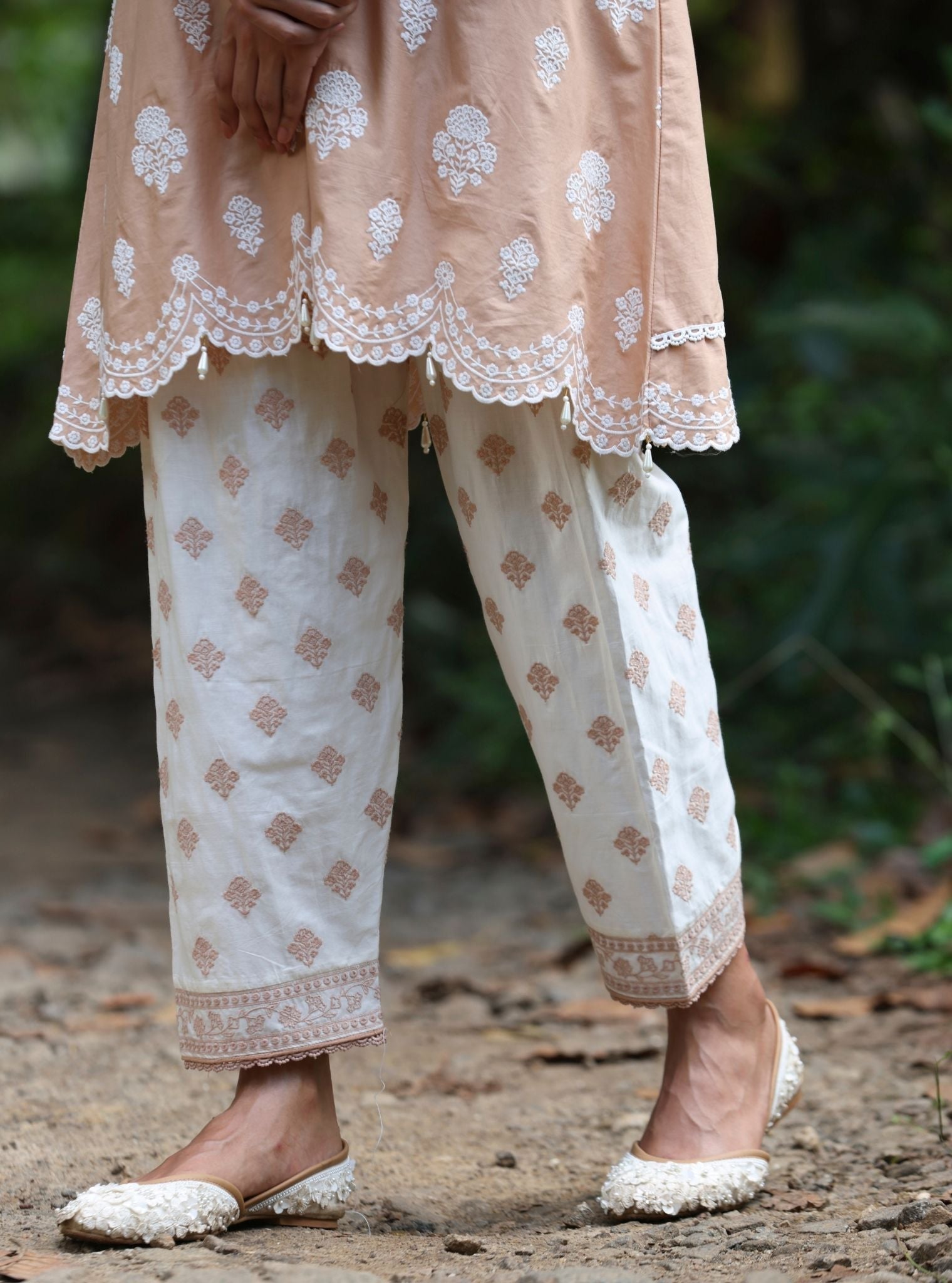 Mulmul Cotton Abana Caramel Brown Kurta With Mulmul Cotton Abana White + Caramel Brown Salwar