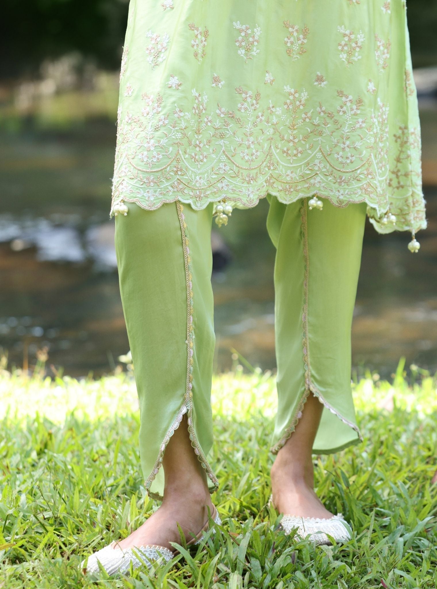 Mangalam Cupro Satin Green Kurta Set