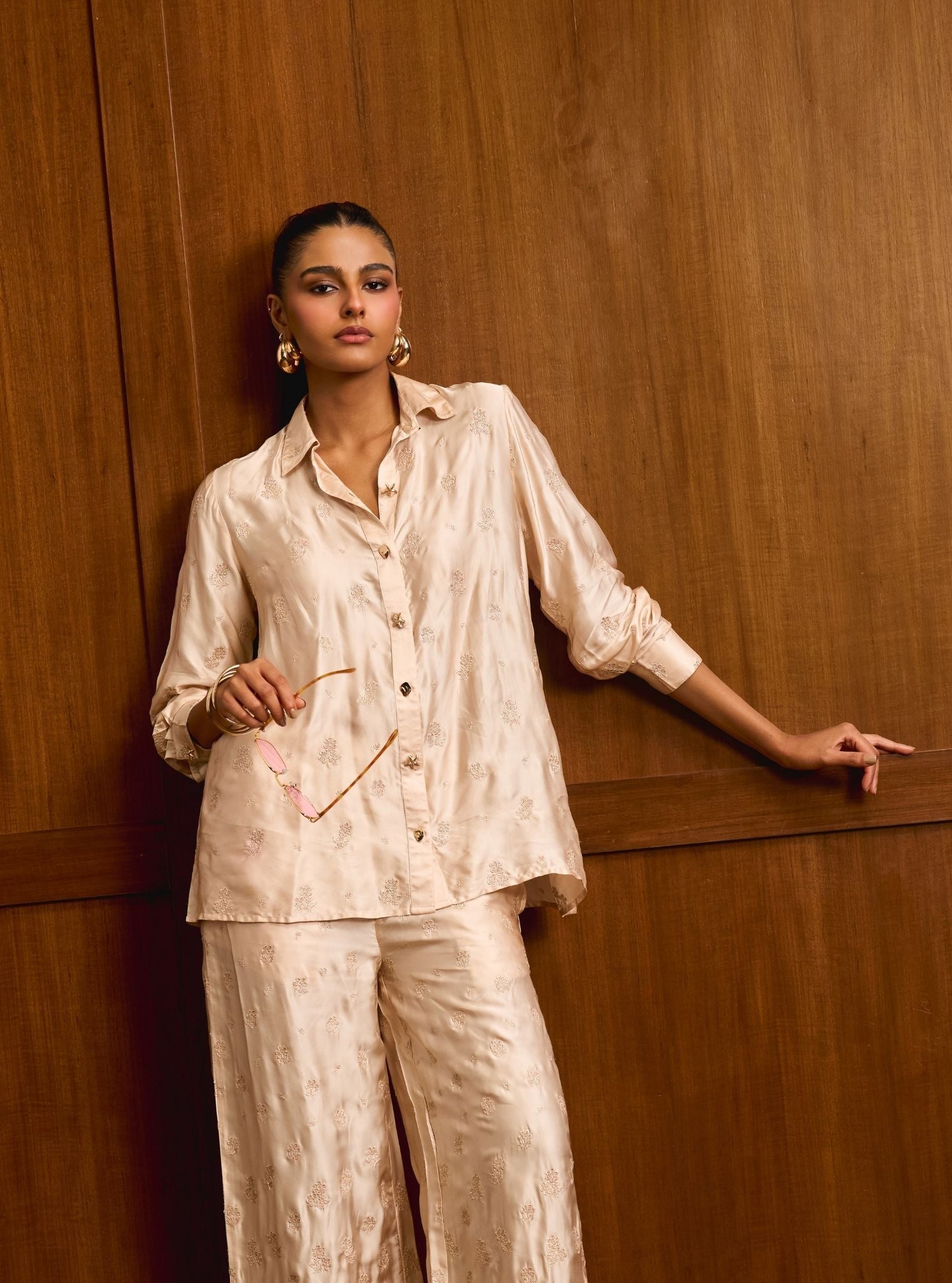 Santree Cupro Satin Champagne Shirt Set