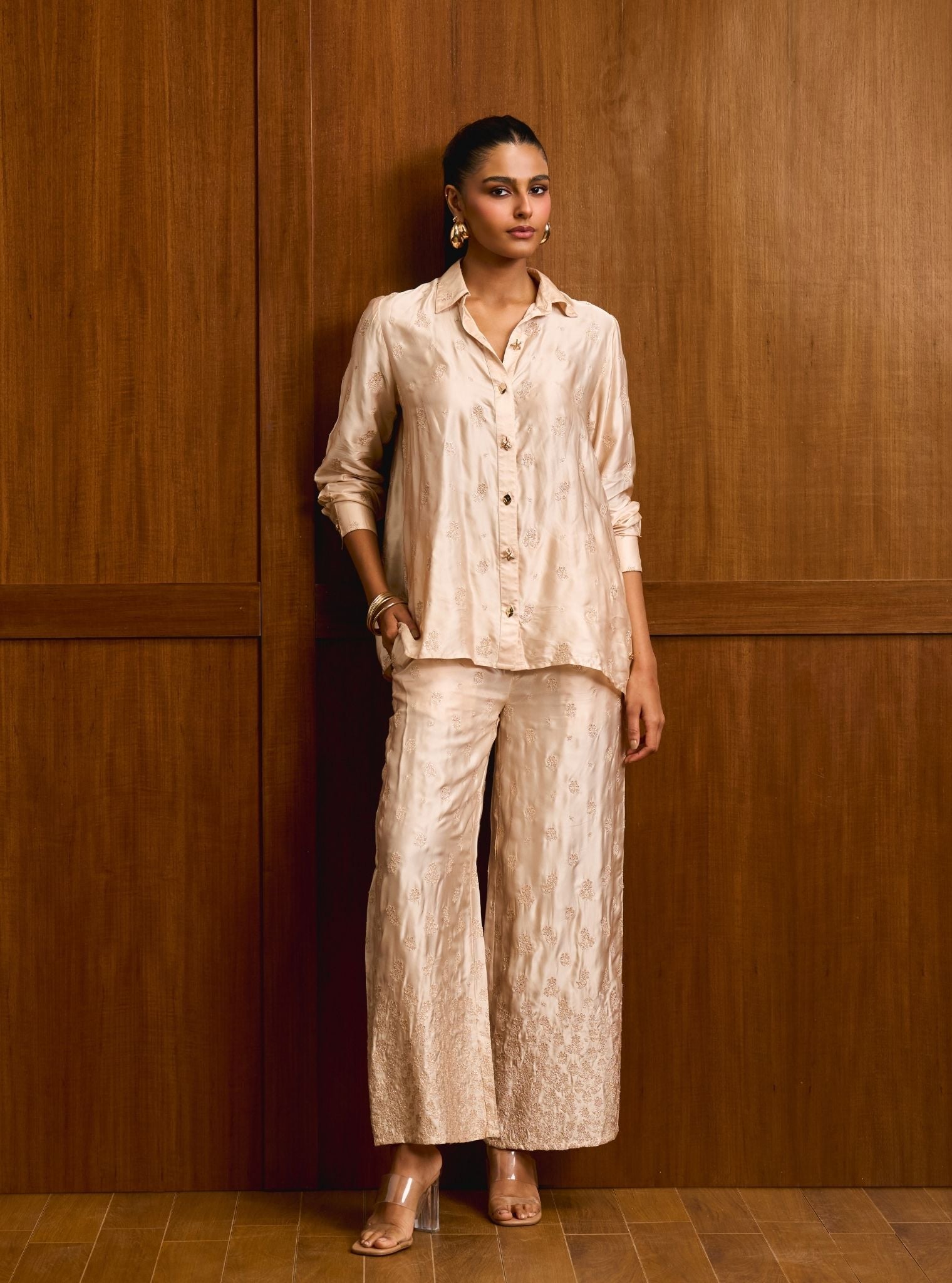 Santree Cupro Satin Champagne Shirt Set