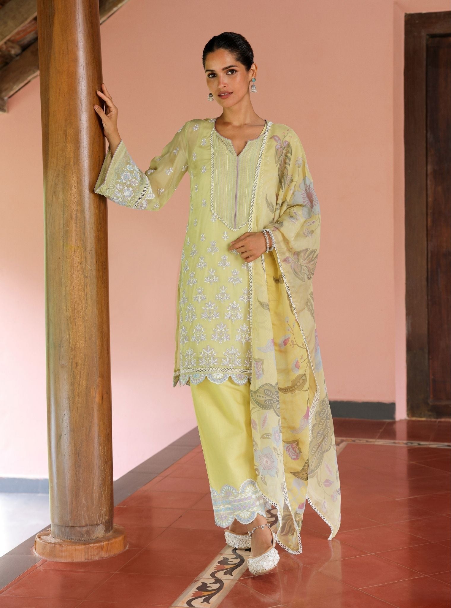 Mulmul Organza Shail Lime Kurta With Mulmul Cotton Shail Lime Pant