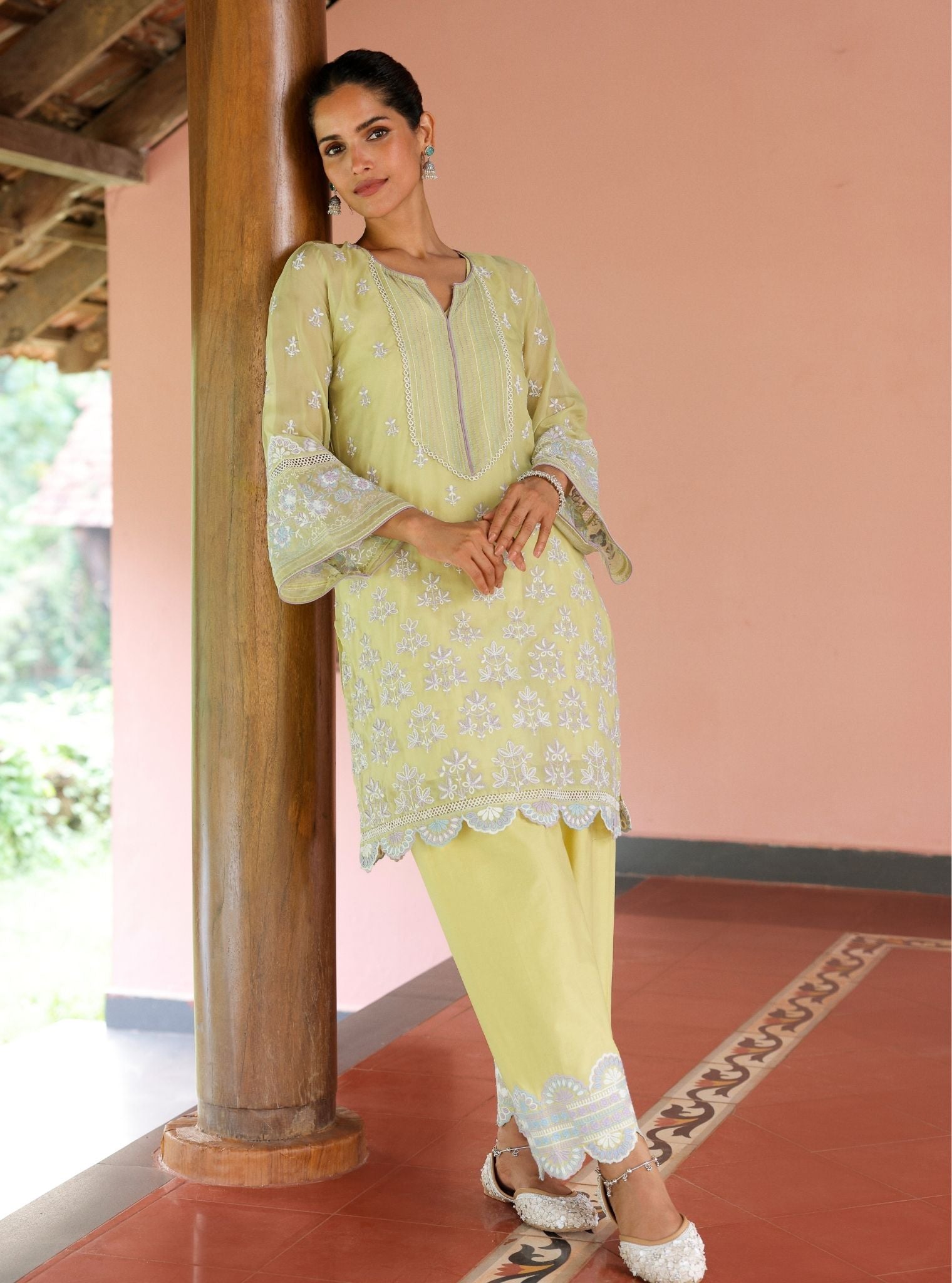 Mulmul Organza Shail Lime Kurta With Mulmul Cotton Shail Lime Pant