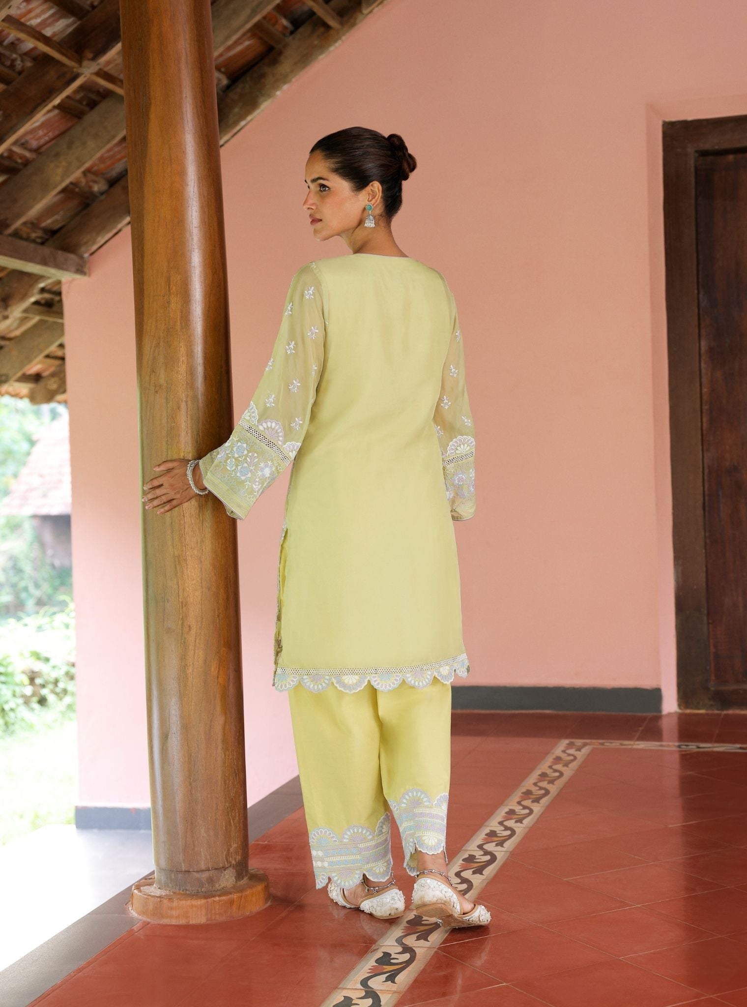 Mulmul Organza Shail Lime Kurta With Mulmul Cotton Shail Lime Pant