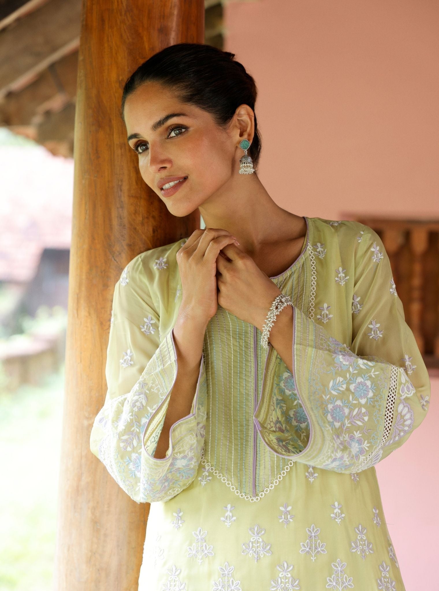 Mulmul Organza Shail Lime Kurta With Mulmul Cotton Shail Lime Pant