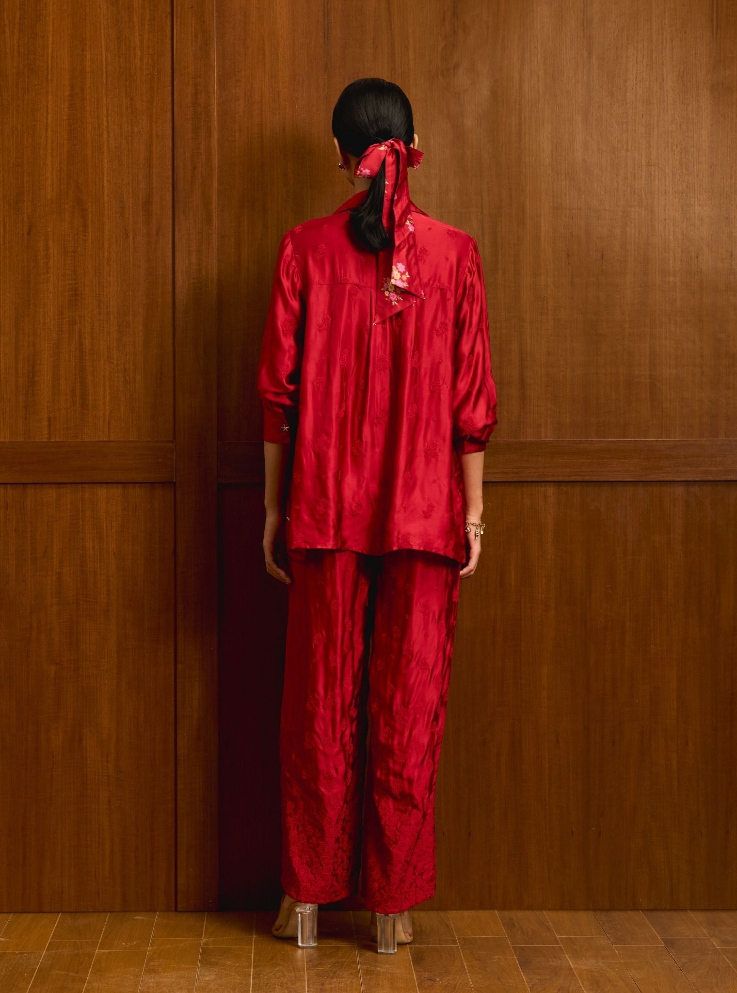 Santree Cupro Satin Red Shirt Set