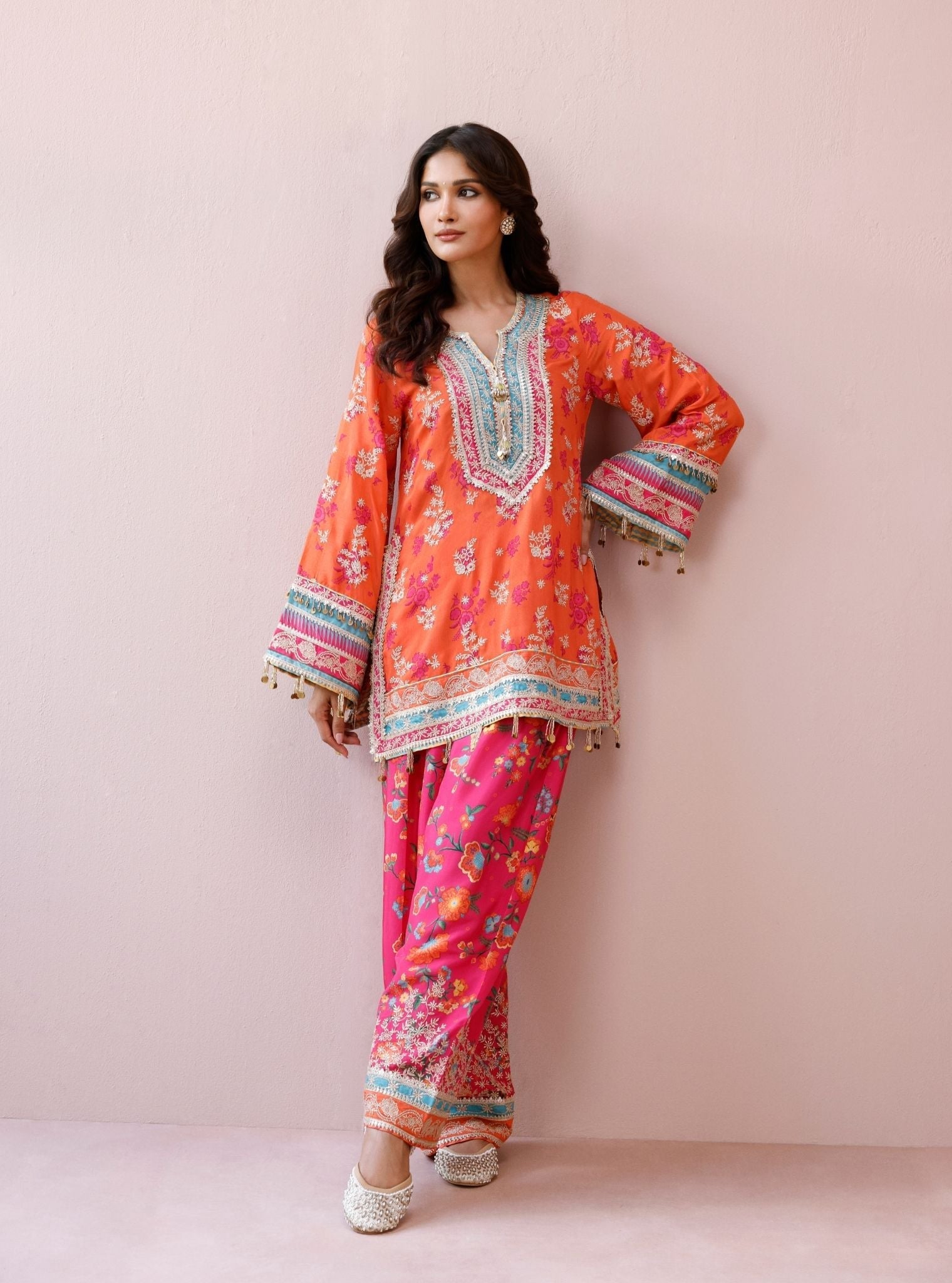 Elia Lawn Printed Orange Kurta with Farshi Salwar
