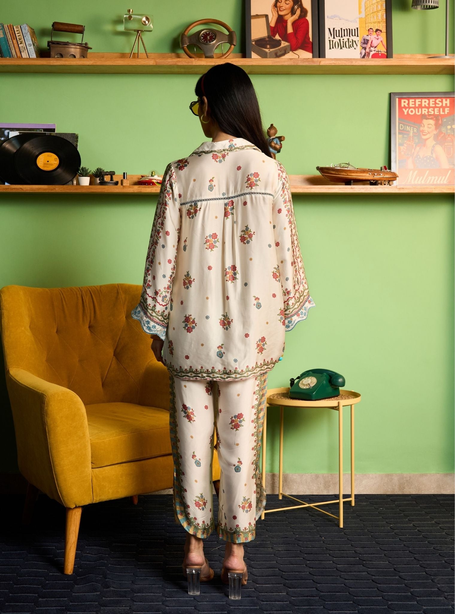 Akhzari Cupro Satin Champagne Printed Shirt Set