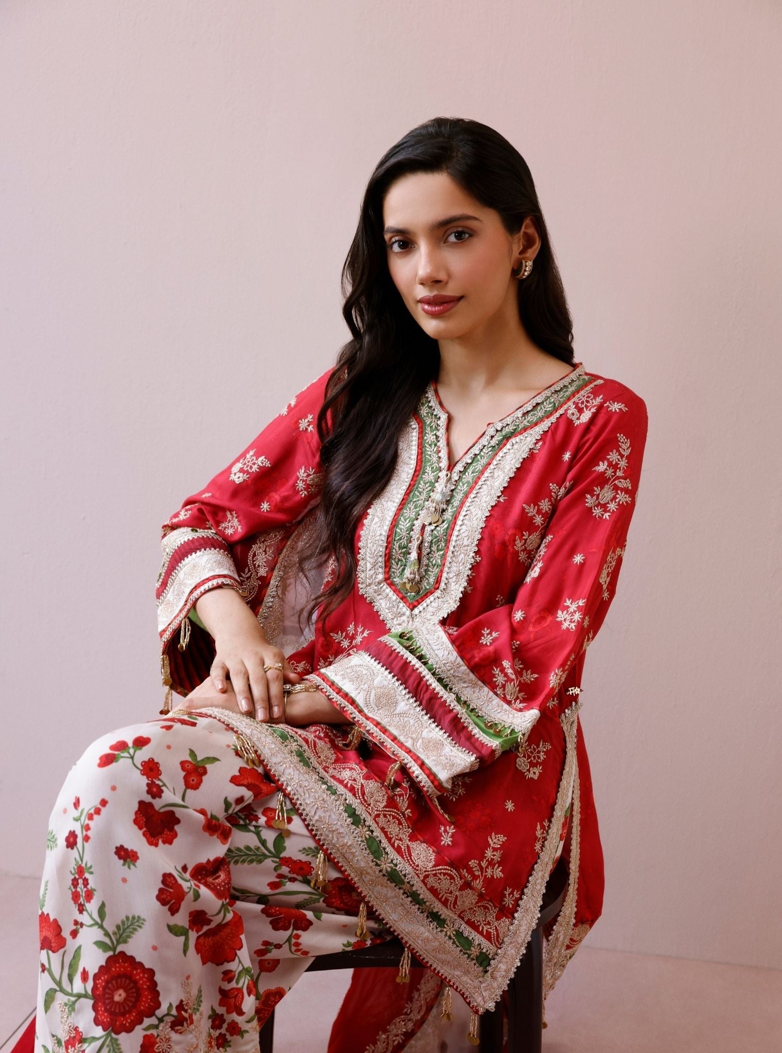 Elia Lawn Printed Red Kurta with Farshi Salwar