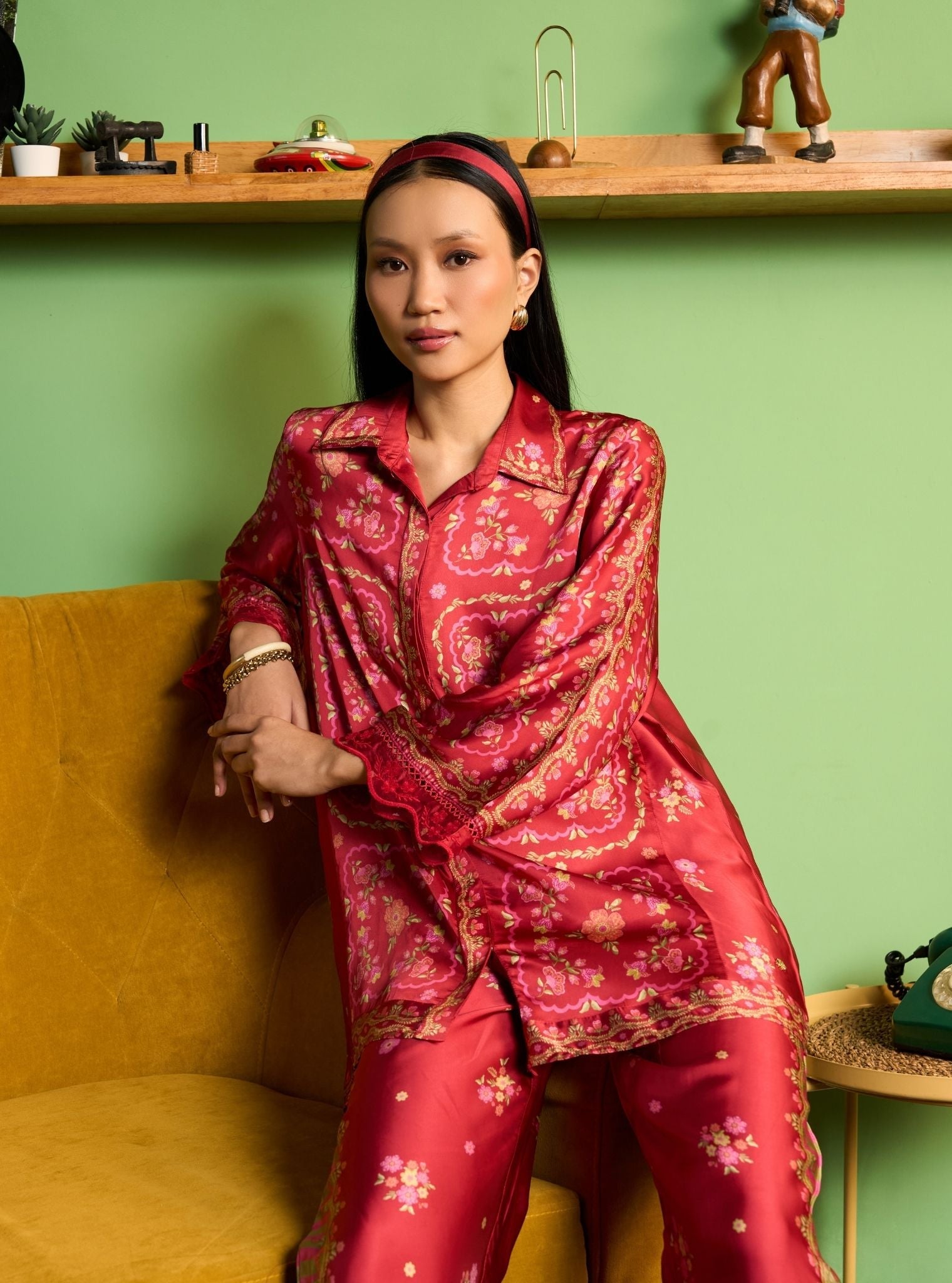 Akhzari Cupro Satin Red Printed Shirt Set