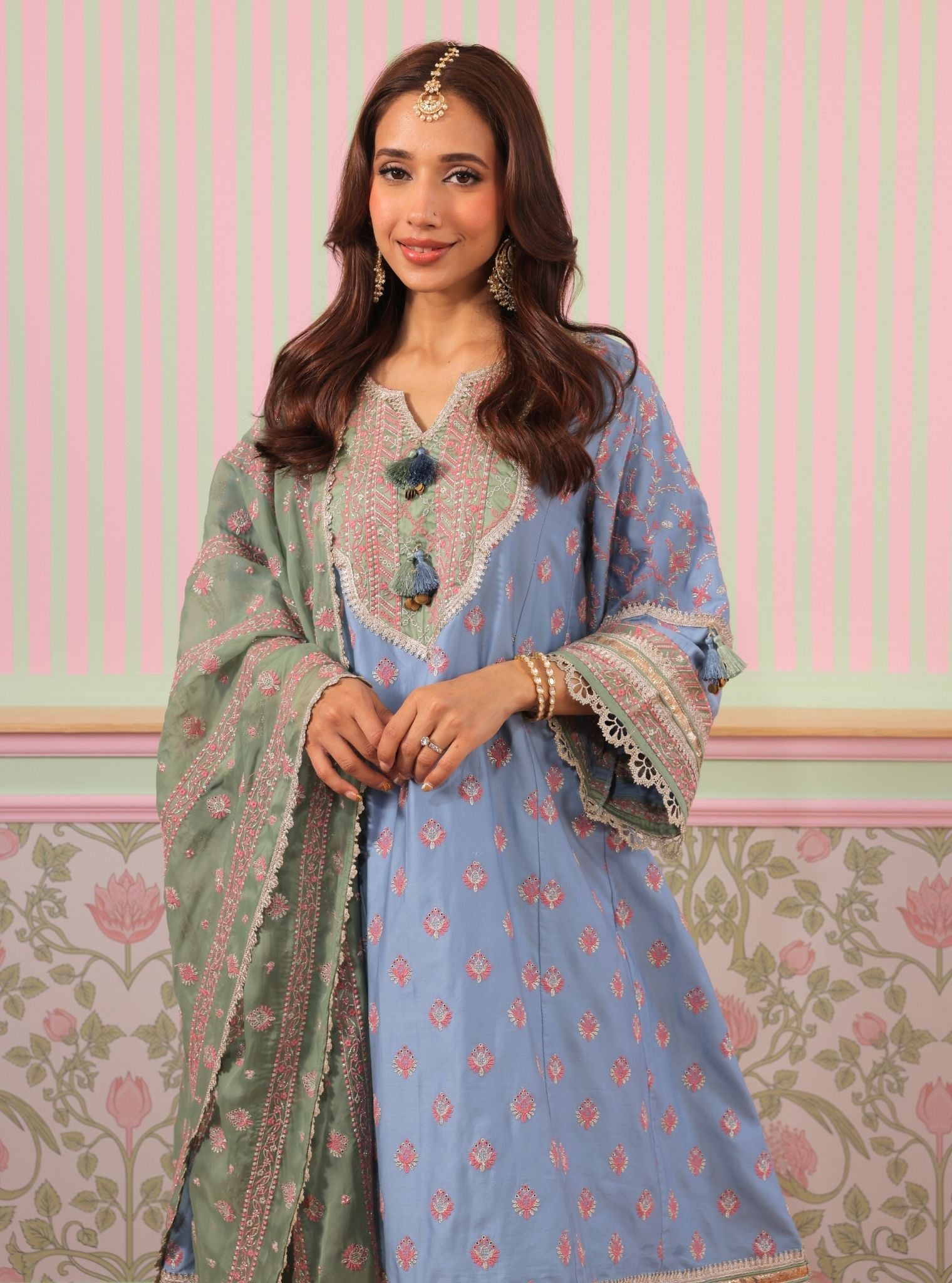Mulmul Pima Satin Bandhan Denim Kurta With Mulmul Pima Satin Bandhan Denim Pant