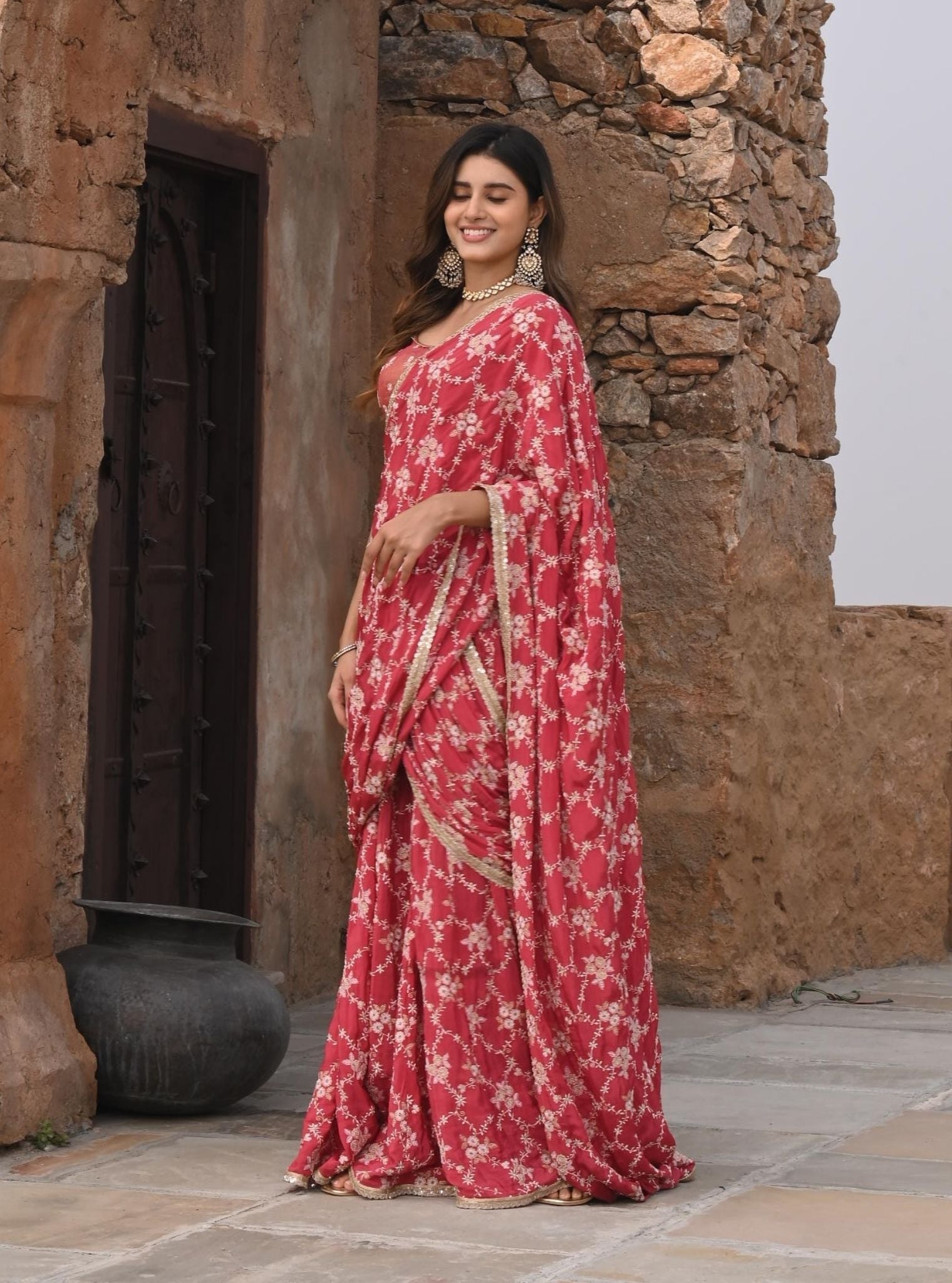 Raahi Crepe Red Pre-Stitched Saree