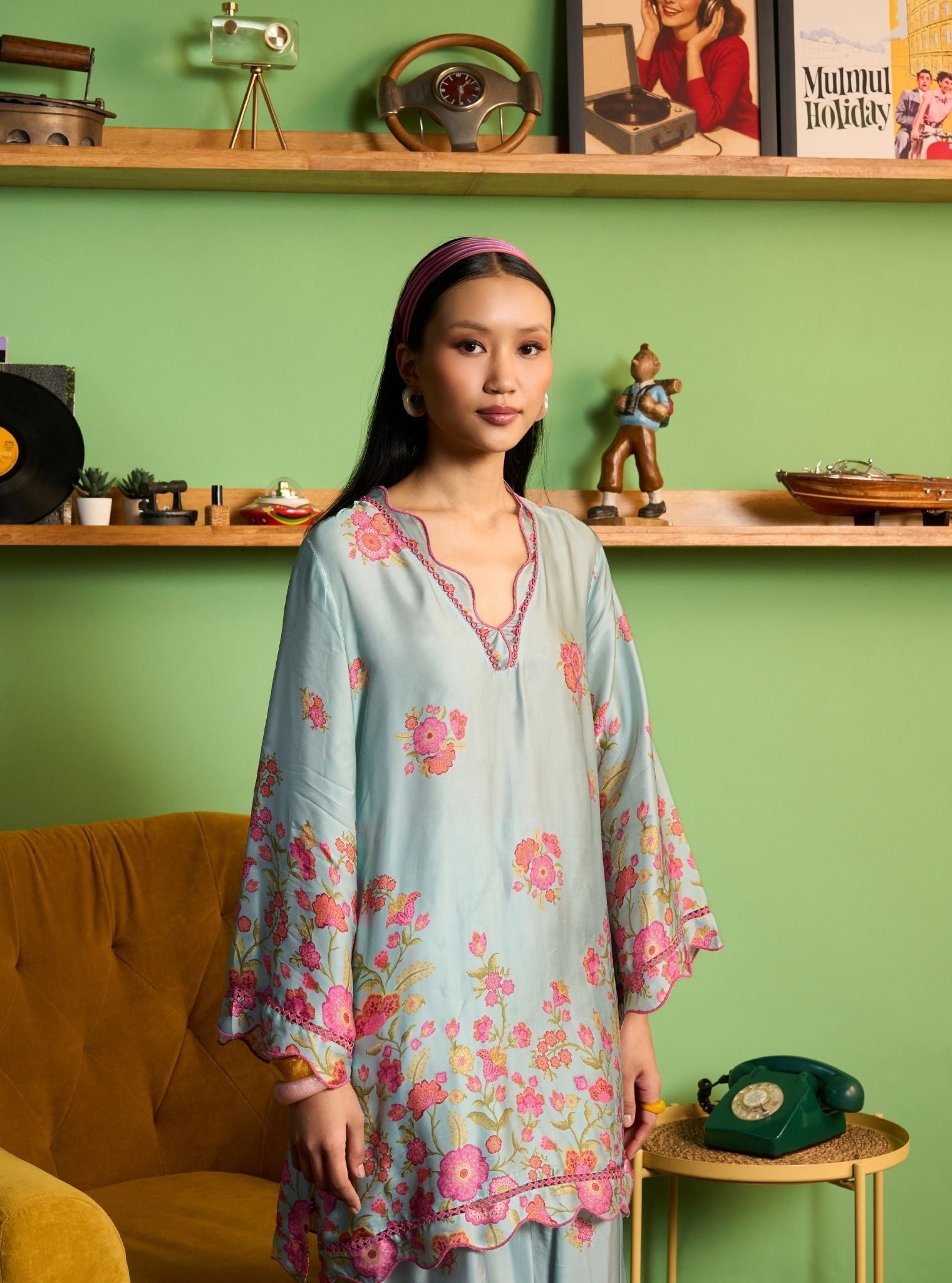 Nriti Cupro Satin Printed Blue Co-ord set