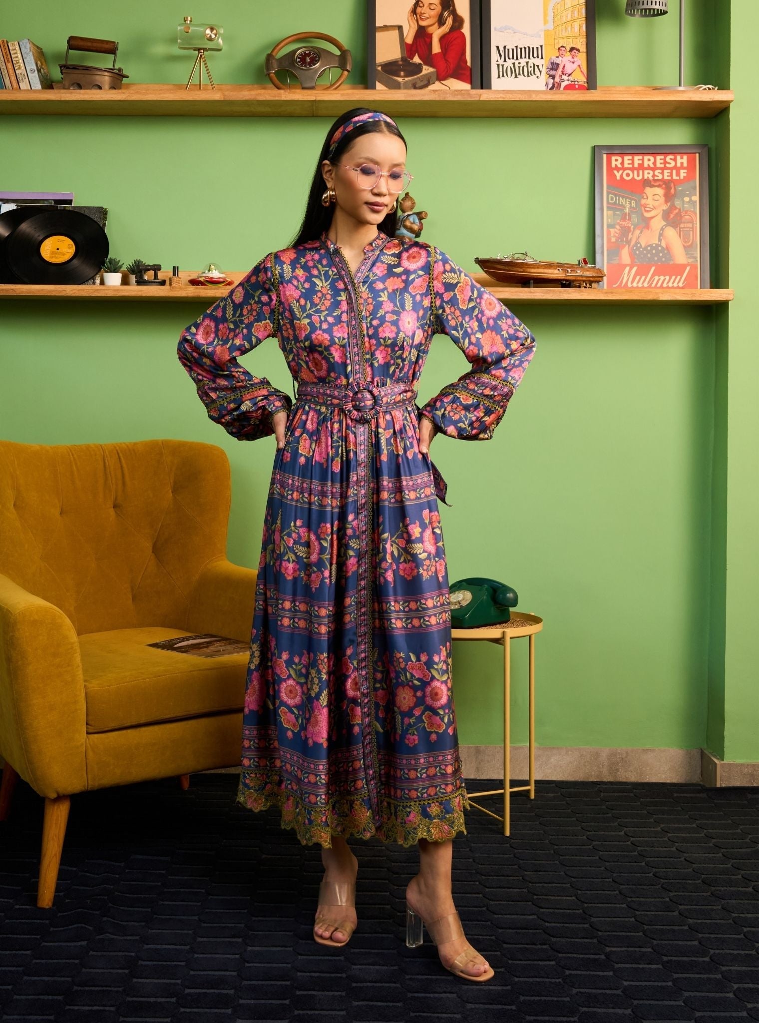 Khas Cupro Satin Navy Printed Dress