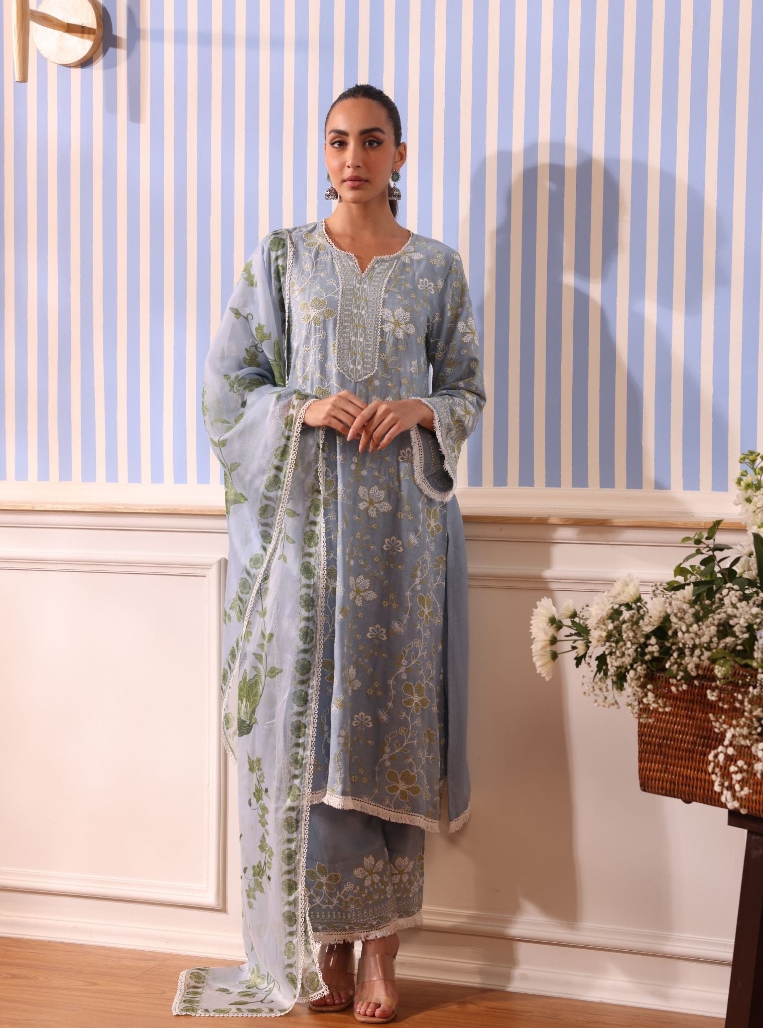 Mulmul Organza Printed Vania Light Blue Dupatta