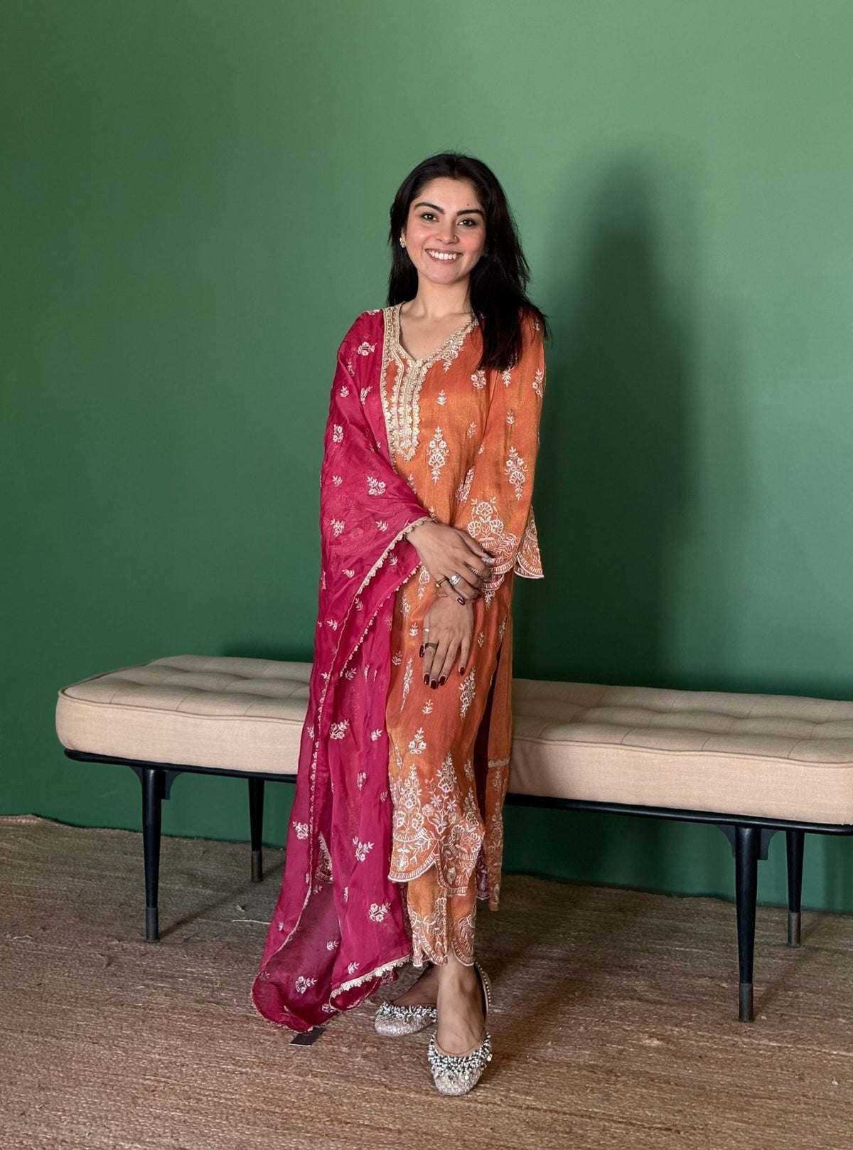 Emon Tissue Linen Satin Burnt Orange Kurta Set