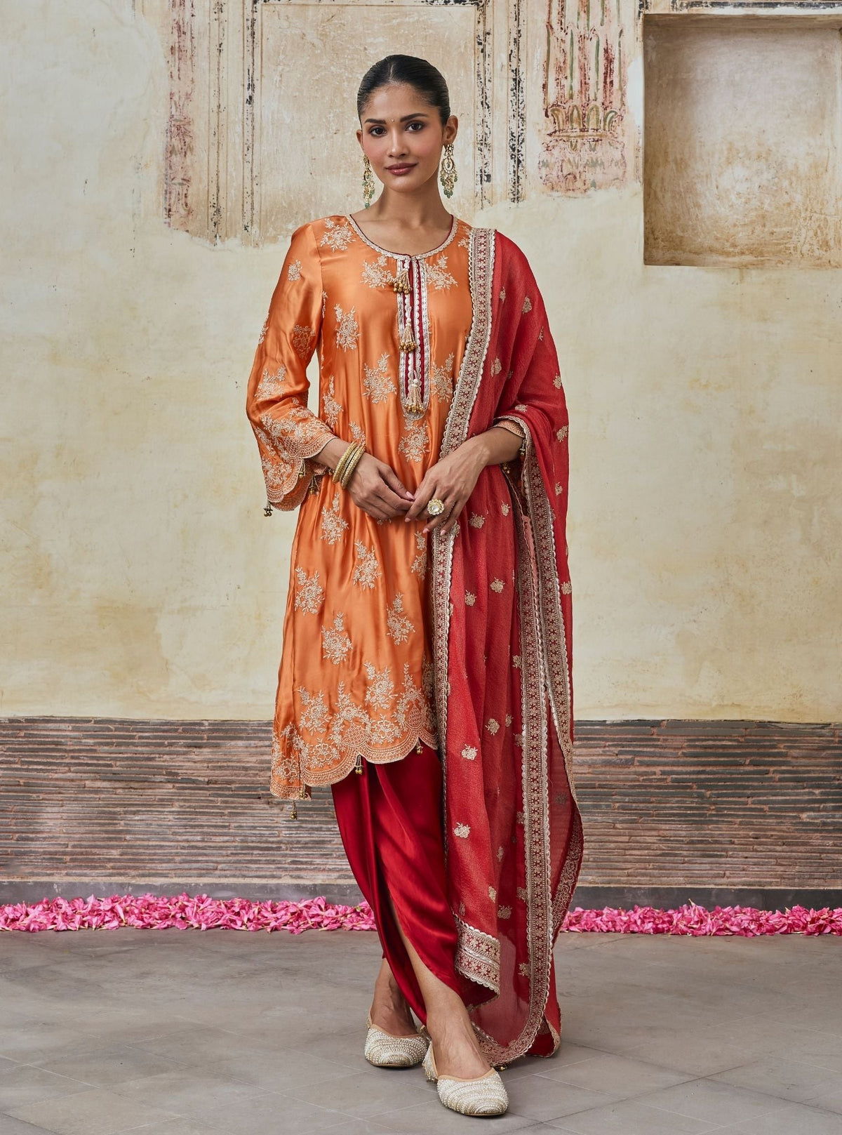 Saazni Cupro Satin Orange Kurta with Red Dhoti Pants