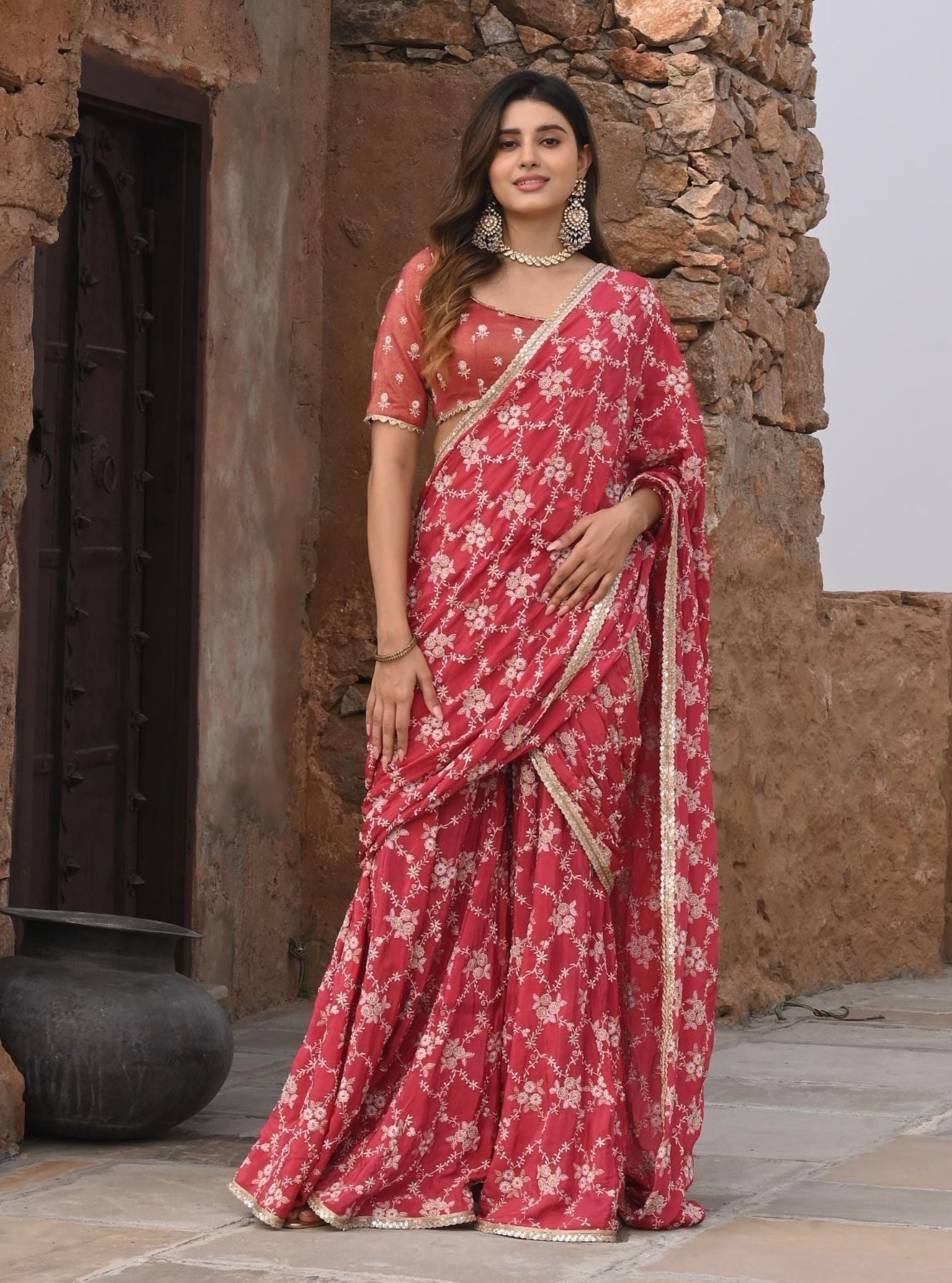 Raahi Crepe Red Pre-Stitched Saree