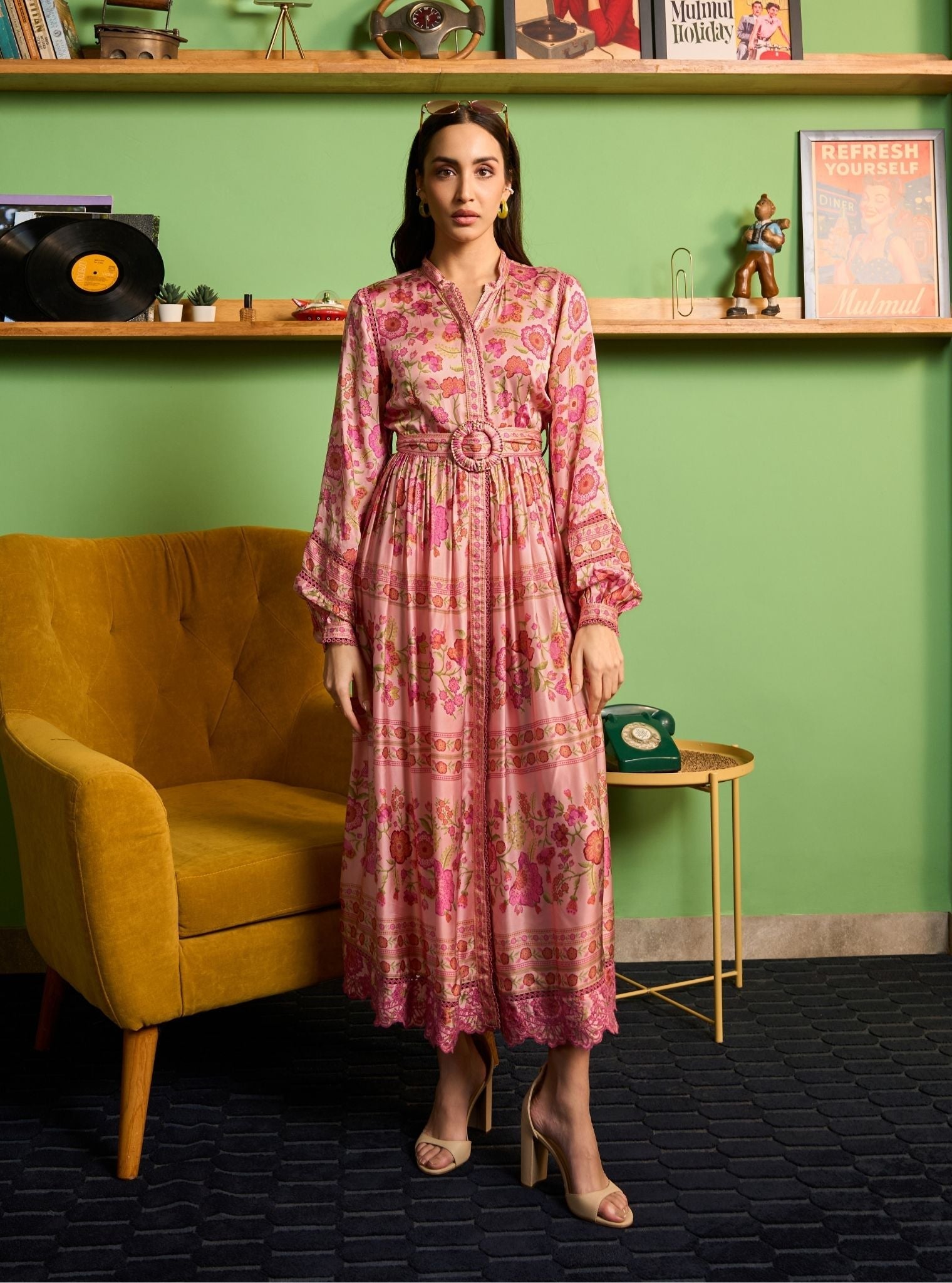 Khas Cupro Satin Pink Printed Dress