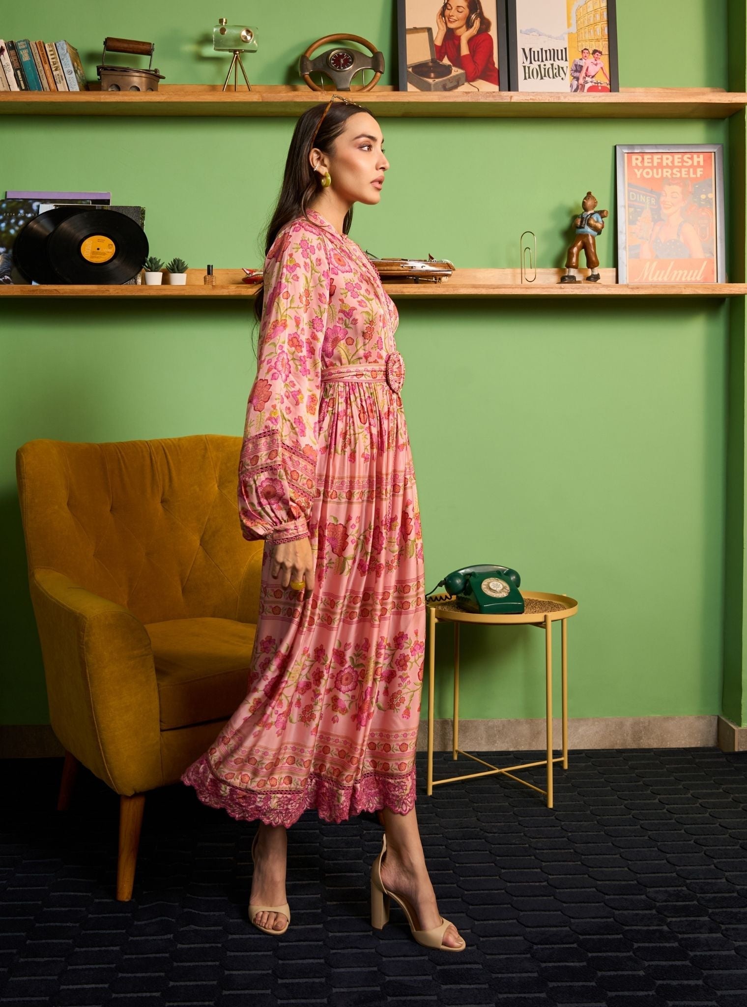 Khas Cupro Satin Pink Printed Dress