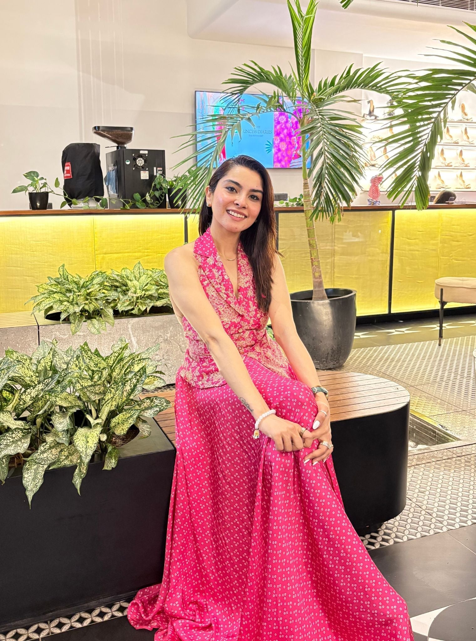 Kuhu Cupro Satin Printed Fuchsia Waistcoat with Wide Pleated Skirt