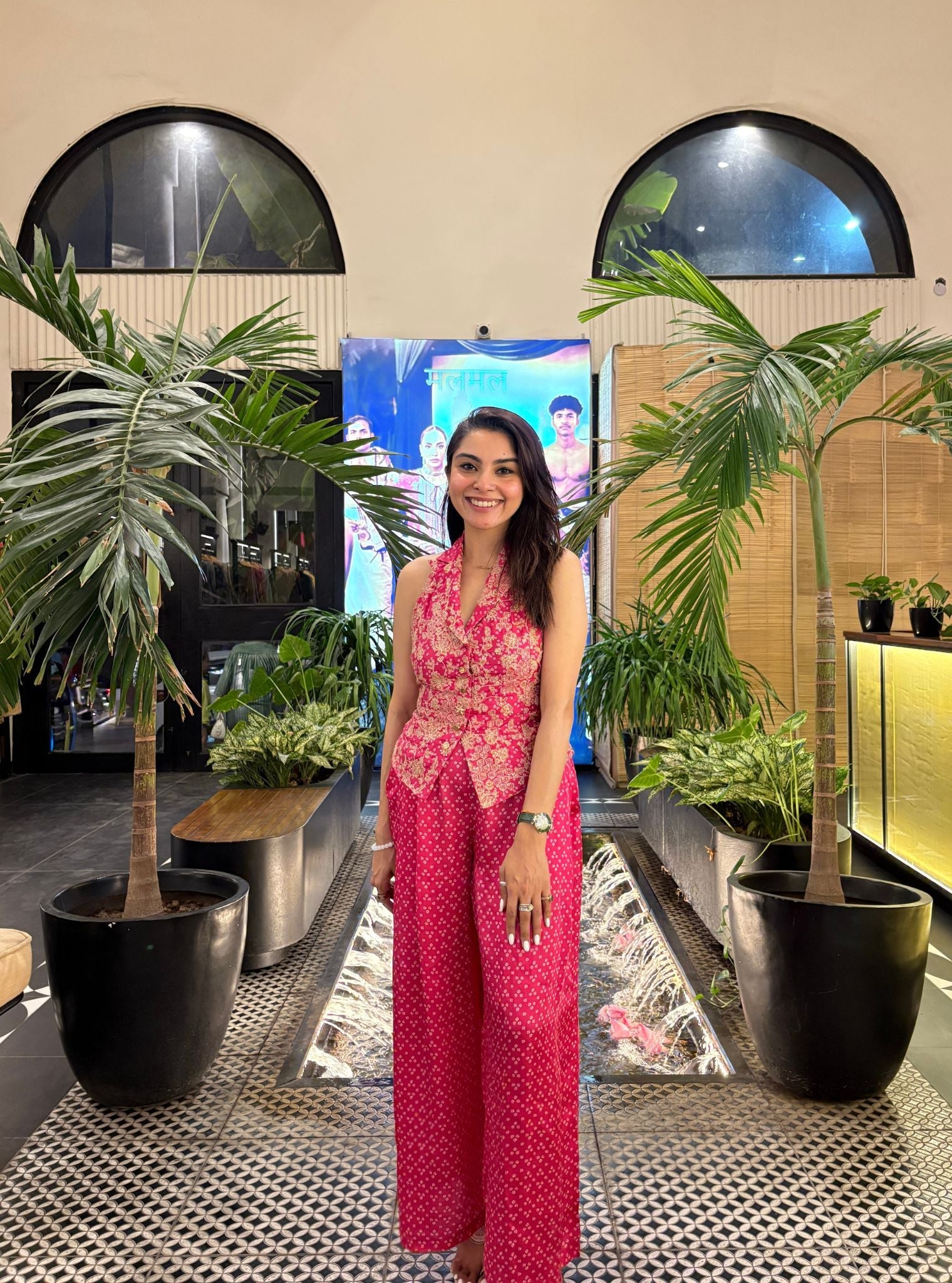 Kuhu Cupro Satin Printed Fuchsia Waistcoat with Wide Pleated Pants